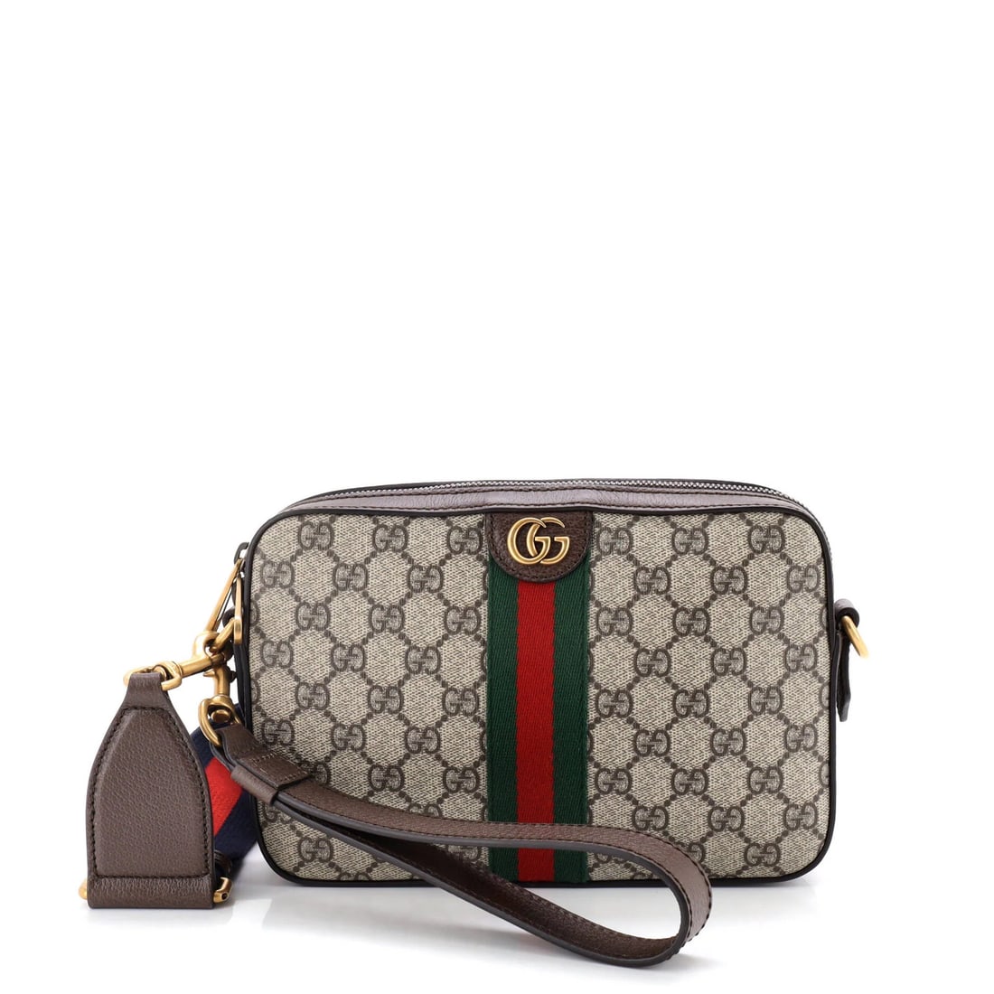 Coated Canvas Small Gucci Ophidia Zip Wristlet GG Bag Shoulder: Coated Canvas Small Gucci Ophidia Zip Wristlet GG Bag Shoulder Small Gucci Ophidia Zip Wristlet GG Bag in Brown Canvas Coated Exterior, featuring a cross body design with a gold zip closure, and a