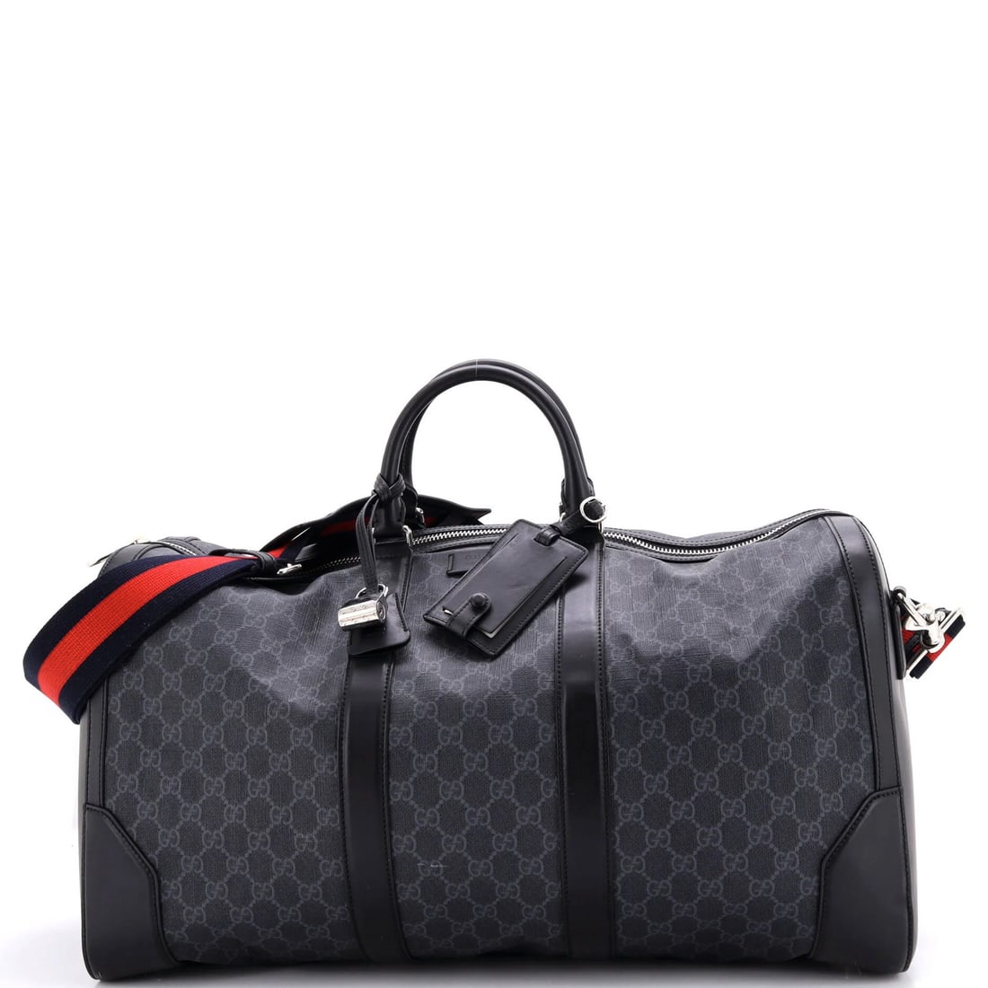 Gucci Coated Canvas Duffle Bag Convertible Large GG: Gucci Coated Canvas Duffle Bag Convertible Large GG Black Gucci Coated Canvas Duffle Bag Convertible Large GG features a spacious interior and versatile design. The bag's exterior is made of canvas