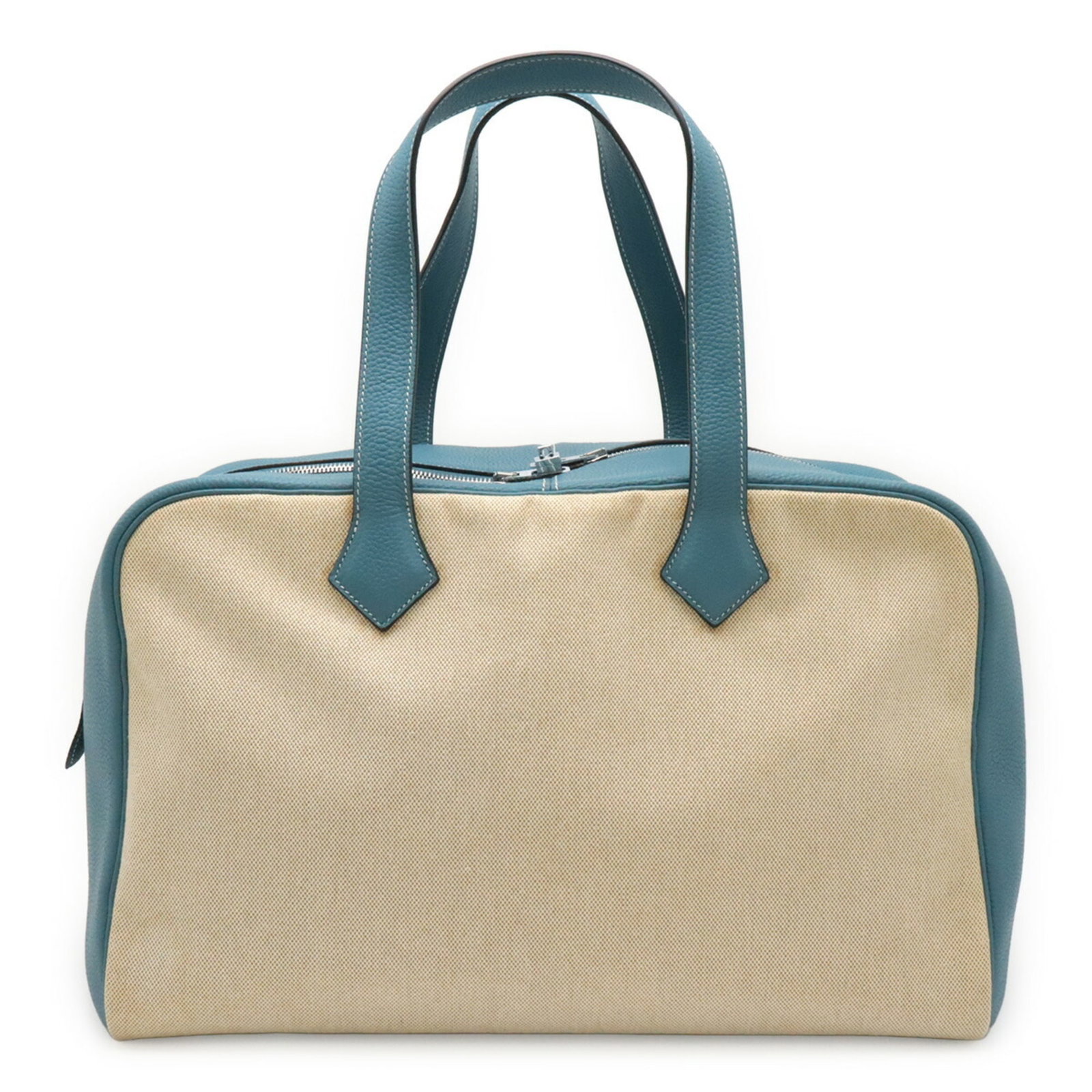 Clemence H Taurillon Leather Bag Boston Hermes Toile: Clemence H Taurillon Leather Bag Boston Hermes Toile Boston bag from Hermes in beige and blue jean Toile H, Taurillon clemence leather. This 26cm x 43cm x 20cm bag features the iconic Boston design,