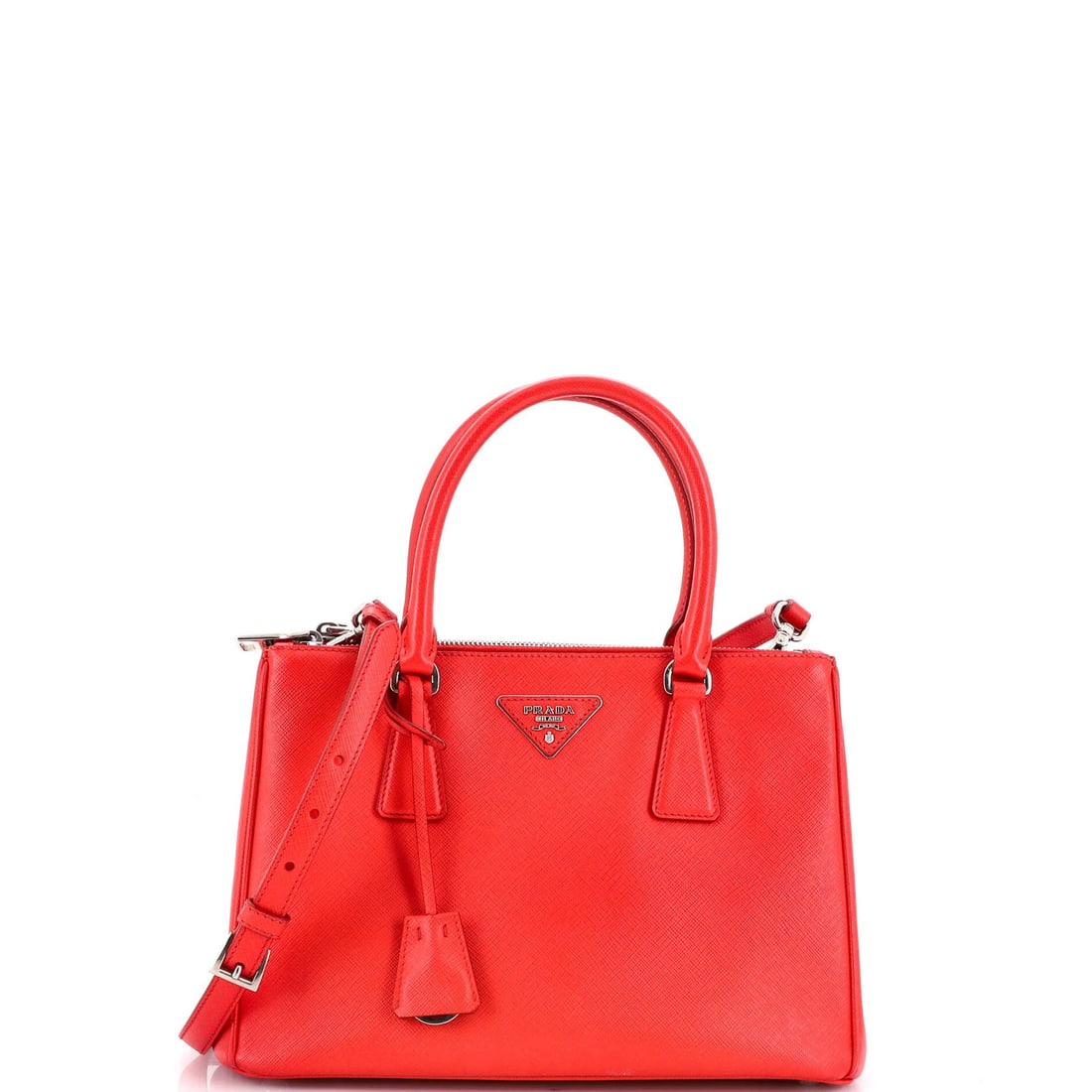 Saffiano Leather Double Zip Tote Small Prada: Saffiano Leather Double Zip Tote Small Prada Small Prada Saffiano Leather Double Zip Tote in Red, featuring a classic design with a double zip closure, and a sturdy Saffiano leather exterior with a