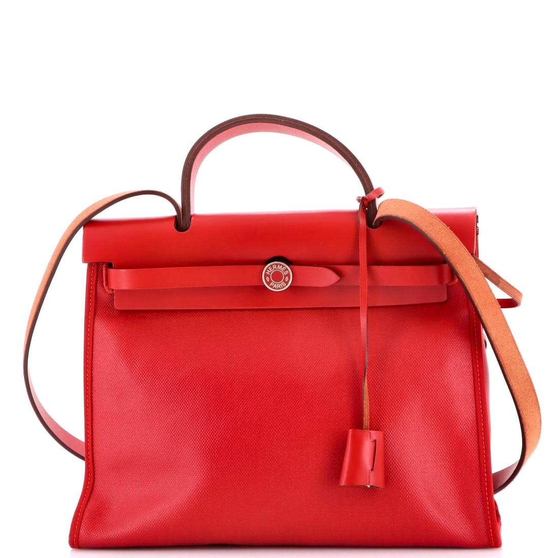 Hermes Herbag Zip Berline Vache Canvas and Leather 31: Hermes Herbag Zip Berline Vache Canvas and Leather 31 Red Hermes Herbag Zip Berline Vache Canvas and Leather 31 shoulder bag with a canvas-coated leather exterior, palladium hardware, and neutral