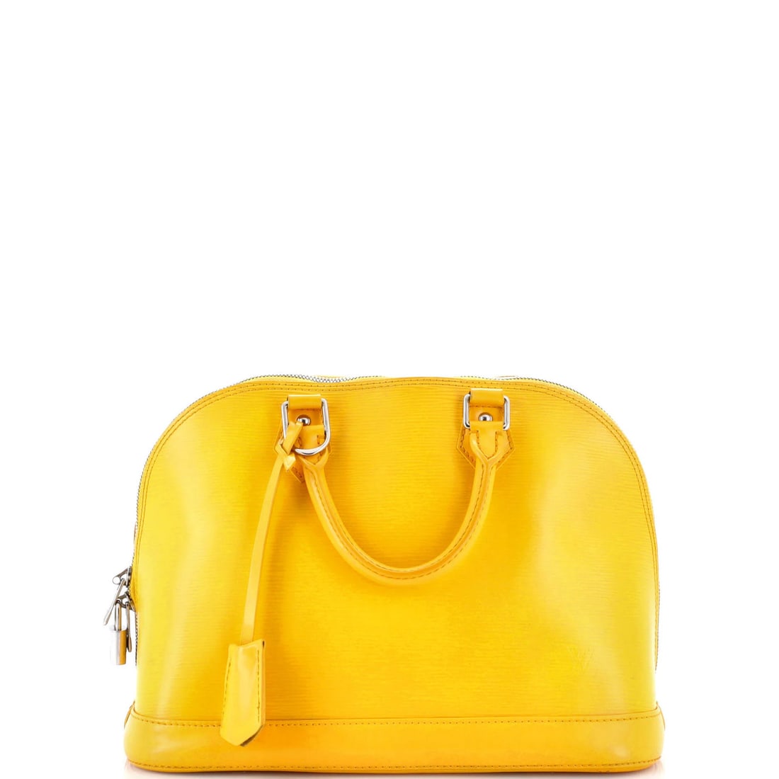 Vuitton Louis Alma Leather Epi Handbag: Vuitton Louis Alma Leather Epi Handbag Yellow Louis Vuitton Alma Leather Epi Handbag for sale, featuring a top handle and exterior made from Epi leather. The handbag measures 9" tall, 12" wide, and 6"