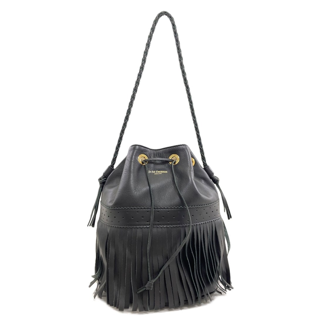 Fringe Handbag Leather J&M Davidson Carnival: Fringe Handbag Leather J&M Davidson Carnival Black leather handbag with a 9.4 inch height and 7.9 inch depth, made from high-quality leather and featuring a drawstring closure. This style bag