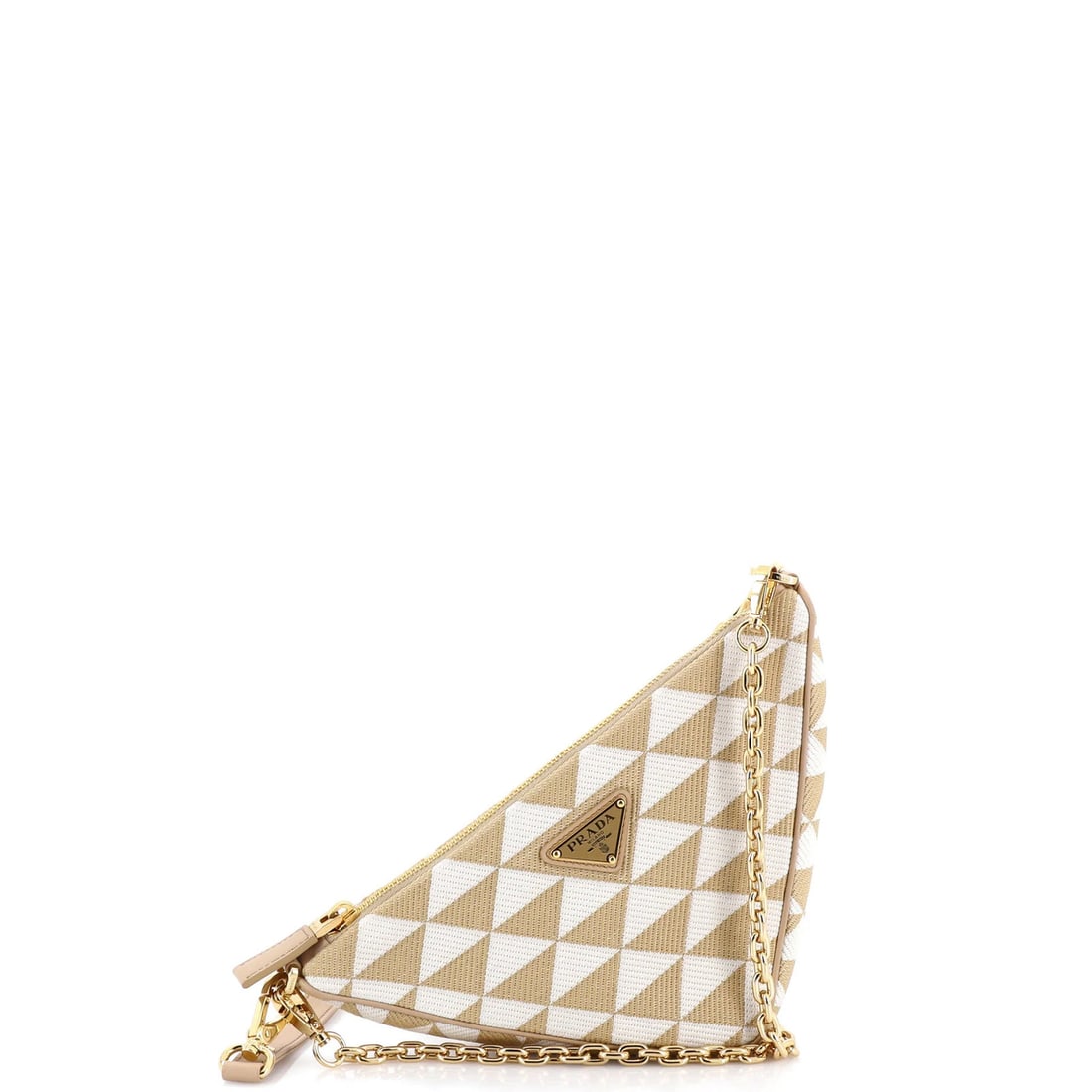 Prada Symbole Triangle Bag Leather and Jacquard Mini: Prada Symbole Triangle Bag Leather and Jacquard Mini The Prada Symbole Triangle Bag Leather and Jacquard Mini is a stylish mini shoulder bag with a neutral exterior and interior. Its exterior