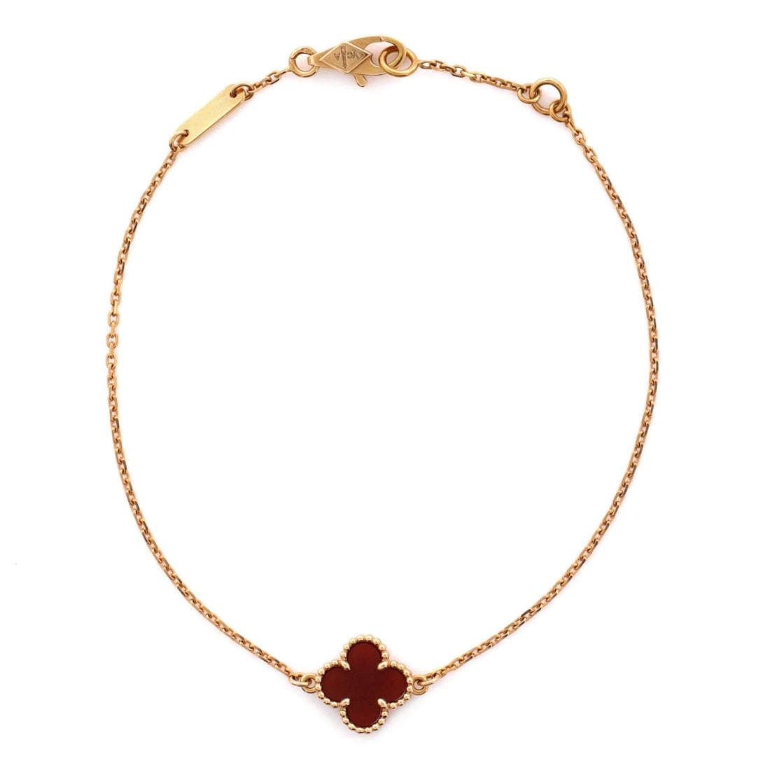 Van Cleef & Arpels Sweet Alhambra Bracelet 18K Rose Gold and Carnelian: Van Cleef & Arpels Sweet Alhambra Bracelet 18K Rose Gold and Carnelian 18K Rose Gold and Carnelian Sweet Alhambra Bracelet - A stunning 18K rose gold bracelet adorned with a vibrant carnelian stone,