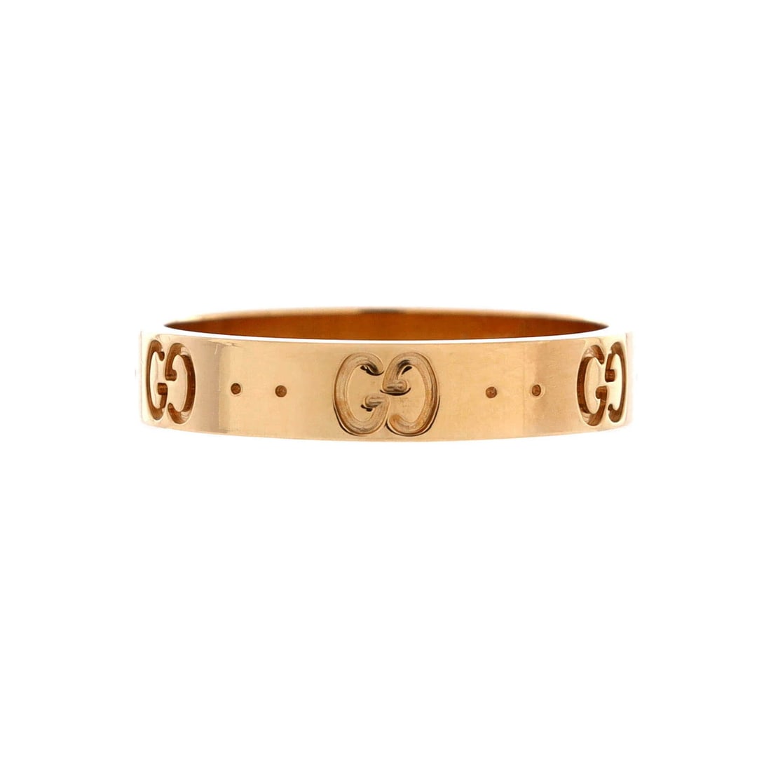 Gucci 18K Yellow Gold Band Icon Ring: Gucci 18K Yellow Gold Band Icon Ring 18K Yellow Gold Band Icon Ring by Gucci boasts a sleek, 4mm wide exterior design in vibrant yellow gold. The ring's 18K metal purity ensures a luxurious feel,