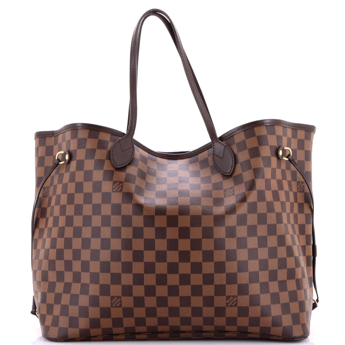 Damier GM Tote Neverfull Vuitton Louis: Damier GM Tote Neverfull Vuitton Louis Brown Damier GM canvas coated Louis Vuitton Neverfull NM tote with heavy corner wear, edge wear, and scuffs, featuring a gold-toned hardware and a red interior