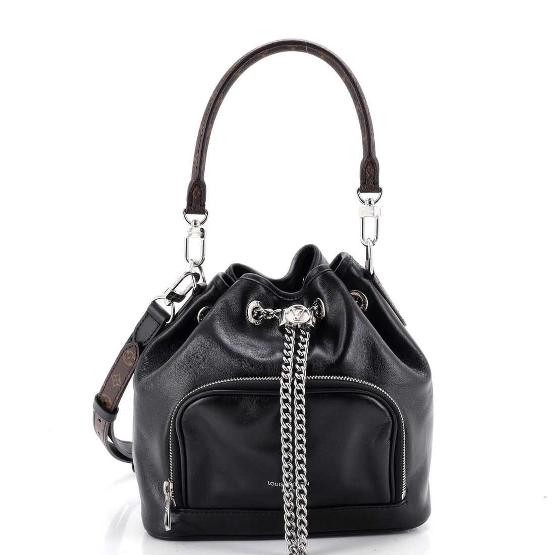 Louis Vuitton No Way Vibe Bucket Bag Leather with Monogram Detail: Louis Vuitton No Way Vibe Bucket Bag Leather with Monogram Detail Black leather bucket bag with a distinctive monogram detail from Louis Vuitton's No Way Vibe collection, featuring a classic design wi