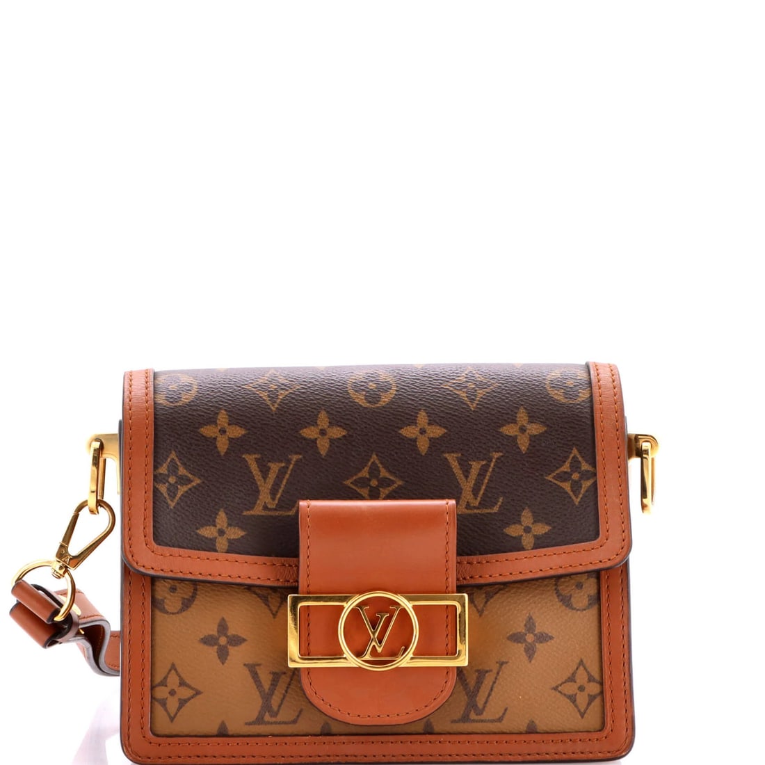 Mini Reverse Monogram Canvas Bag Shoulder Dauphine Louis Vuitton: Mini Reverse Monogram Canvas Bag Shoulder Dauphine Louis Vuitton Brown Mini Dauphine Shoulder Bag with Reverse Monogram Canvas and Gold Hardware, measuring 6" high, 7.5" wide, and 3.5" deep, features