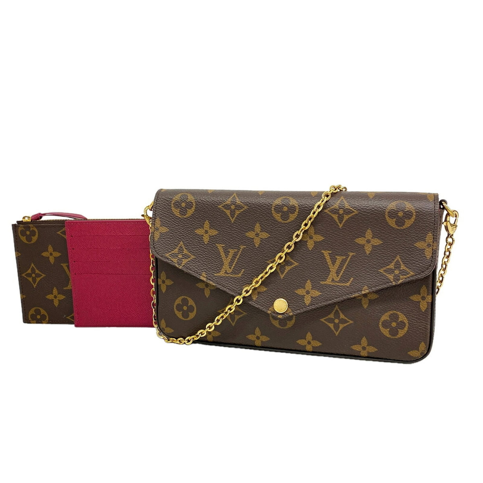 Louis Vuitton Chain Shoulder Wallet: Louis Vuitton Chain Shoulder Wallet Chain shoulder wallet with a classic Louis Vuitton design, featuring a sturdy chain strap and a spacious interior. The brown and fuchsia color options add a touch