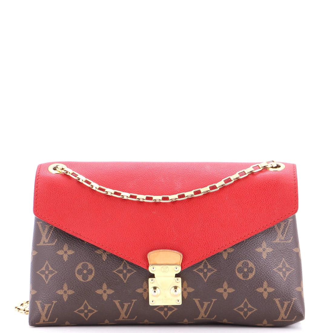 Pallas Chain Shoulder Bag Canvas Calfskin Monogram Louis Vuitton: Pallas Chain Shoulder Bag Canvas Calfskin Monogram Louis Vuitton Red Pallas Chain Shoulder Bag with Monogram Canvas and Calfskin Exterior, featuring a classic design with a bold red exterior and gold