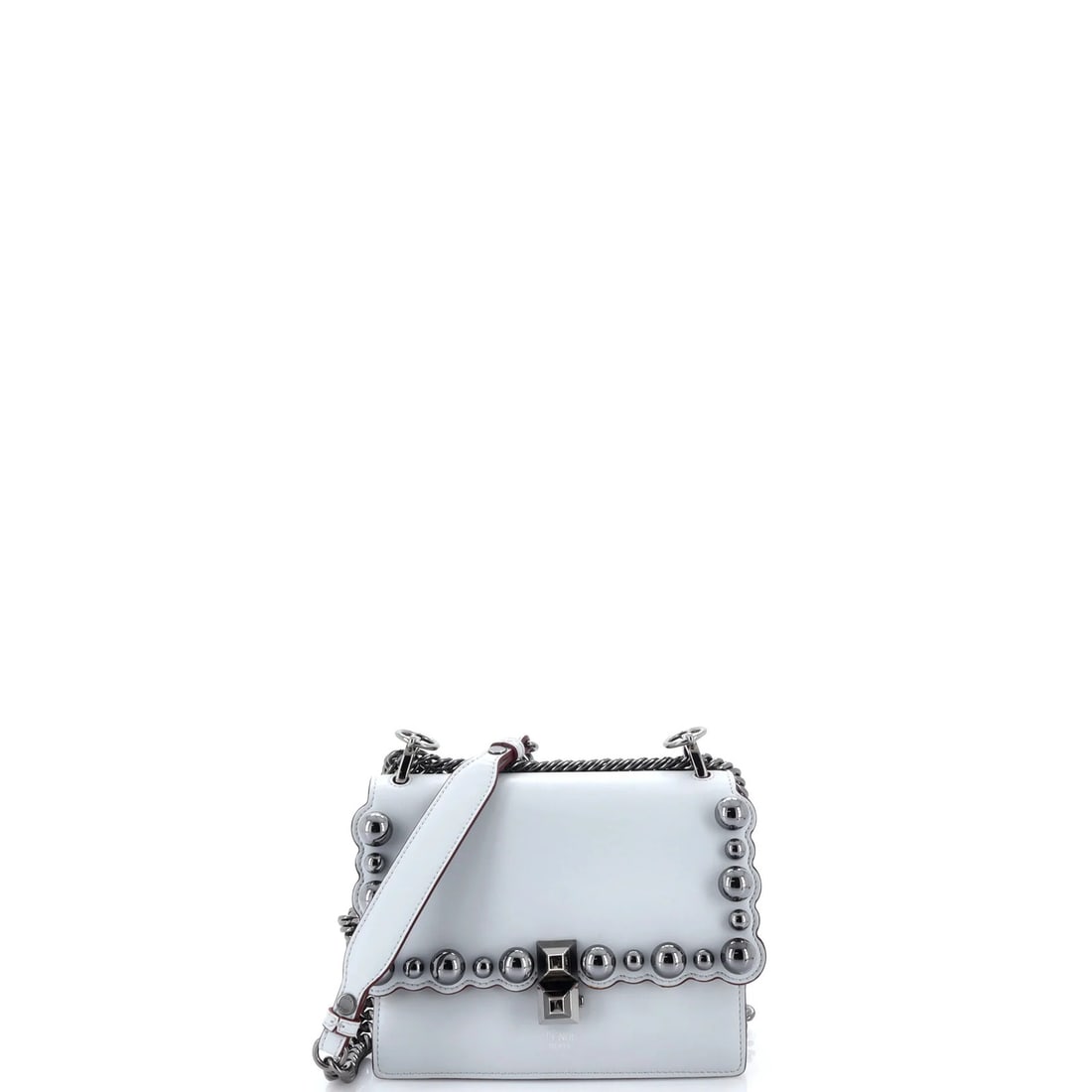 Fendi Kan I Bag Studded Small Leather: Fendi Kan I Bag Studded Small Leather The Fendi Kan I Bag Studded Small Leather is a stylish shoulder bag with a blue exterior, featuring metal accents and studded details. Measuring 5.5" tall and