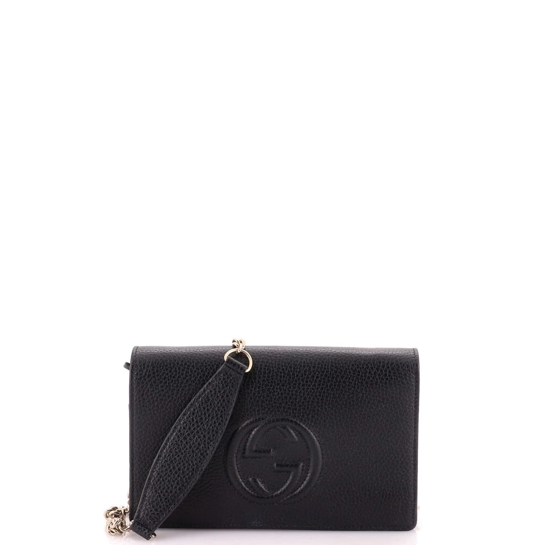 Chain Leather Wallet Gucci Soho: Chain Leather Wallet Gucci Soho The Gucci Soho Chain Leather Wallet stands out with its sleek black exterior and gold hardware, featuring a classic cross-body design. Measuring 5" in height, 8" in