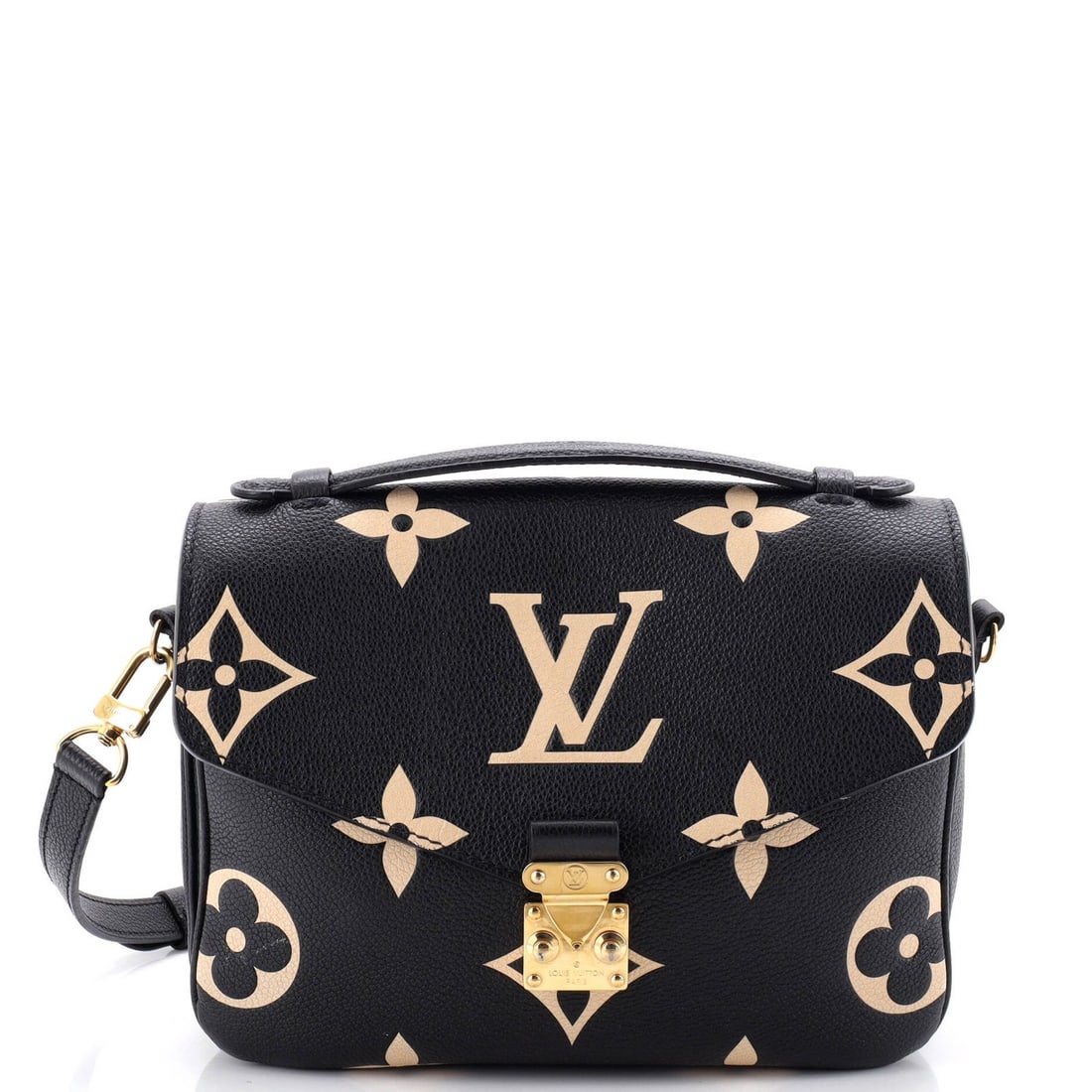 Louis Vuitton Bicolor Pochette Monogram Giant Empreinte: Louis Vuitton Bicolor Pochette Monogram Giant Empreinte Black Bicolor Pochette Monogram Giant Empreinte cross body bag with gold hardware, featuring a mix of leather and microfiber interior, and