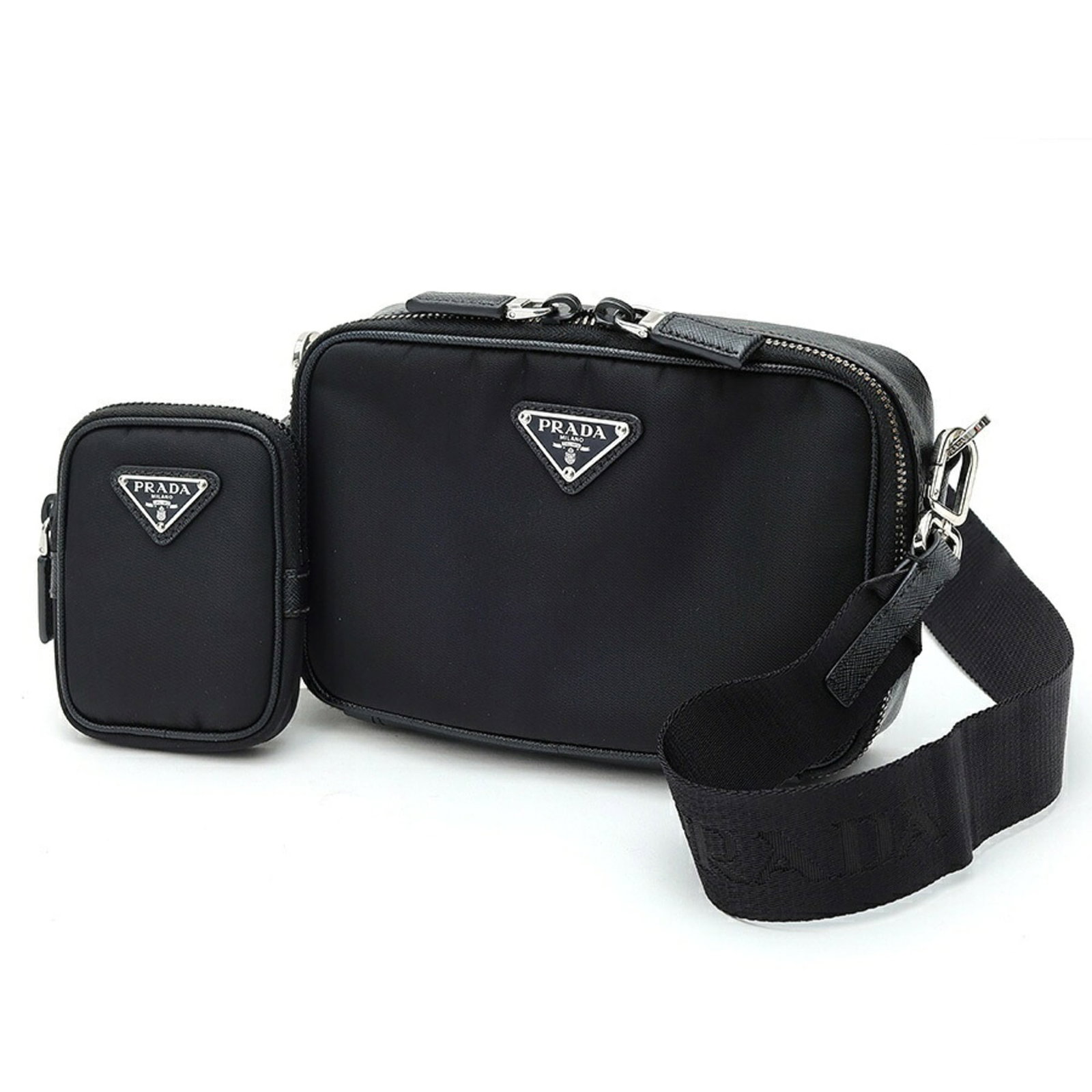 Nylon Leather Shoulder Pouch Bag Prada: Nylon Leather Shoulder Pouch Bag Prada Nylon and leather combine in this sleek shoulder pouch bag from Prada, crafted in Italy with a black finish. Measuring 12.5cm x 19cm x 5.5cm, it features a durab