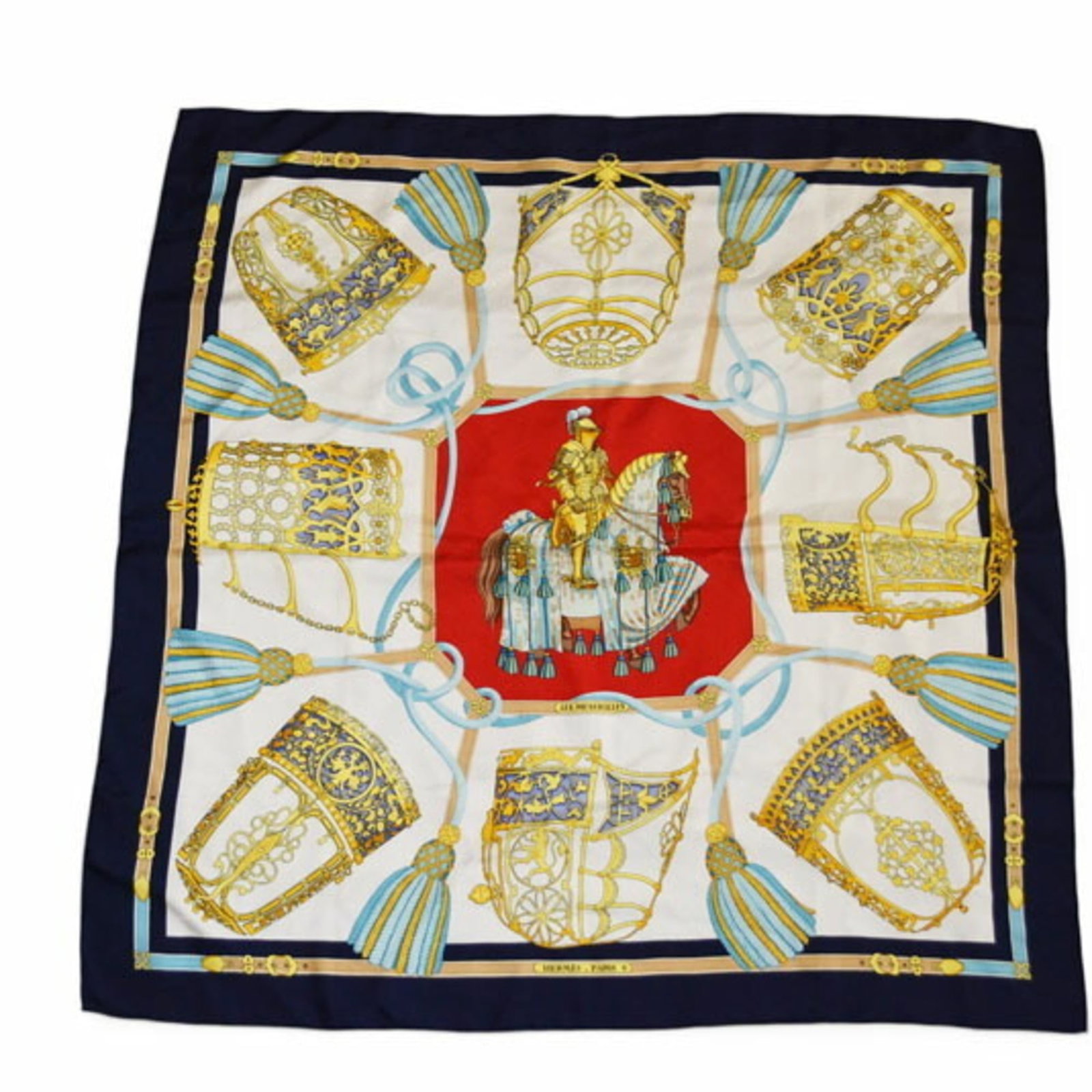 Silk Hermes Scarf: Silk Hermes Scarf Silk from France, this 88cm x 88cm navy and white silk scarf is a classic accessory from the renowned brand Hermes. Made from high-quality silk, its simple yet elegant design makes