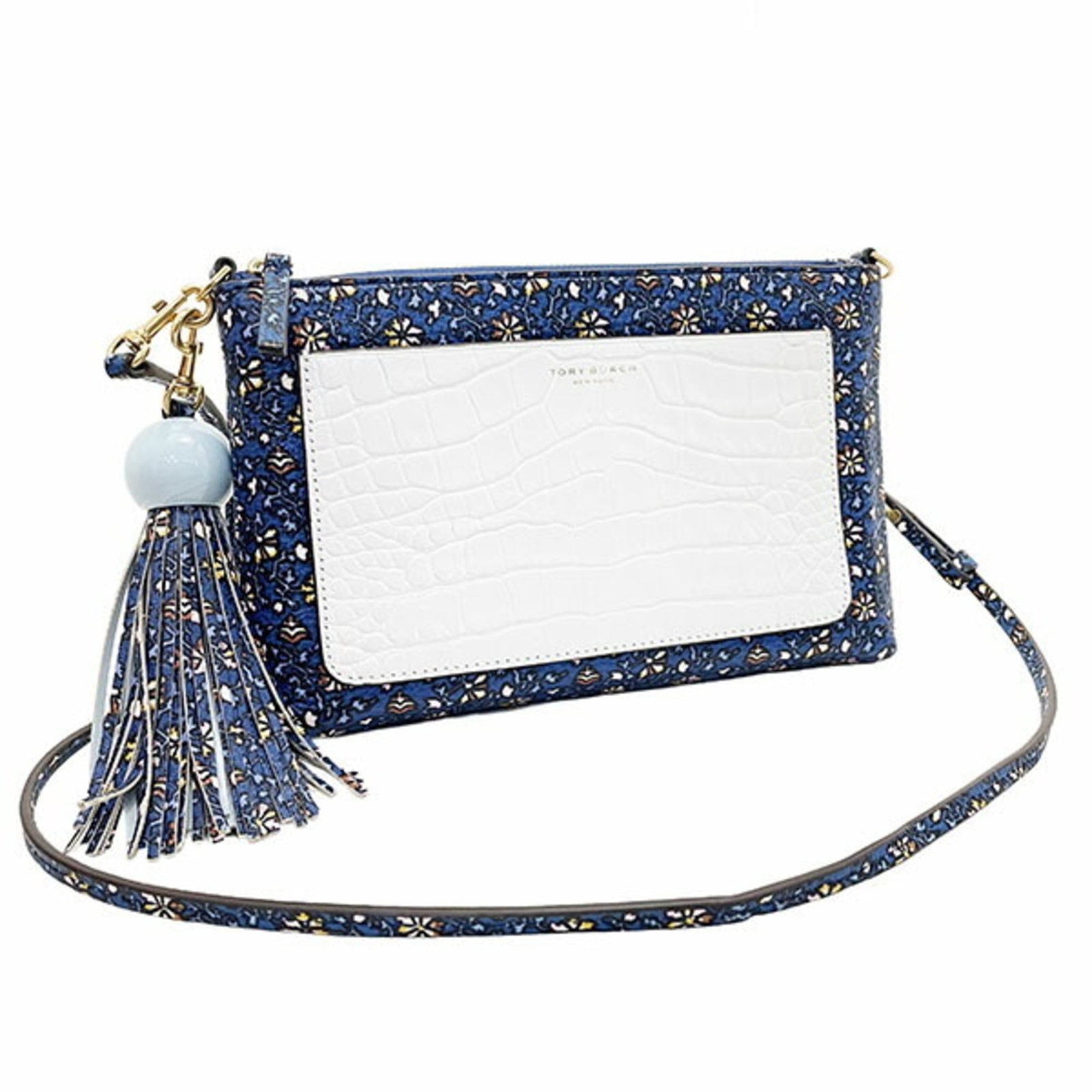 Shoulder Bag Leather Tory Burch: Shoulder Bag Leather Tory Burch Ivory, Multi-color, and Navy leather come together in this stylish Tory Burch shoulder bag, featuring a sleek design and a versatile zipper closure. Measuring 15cm x