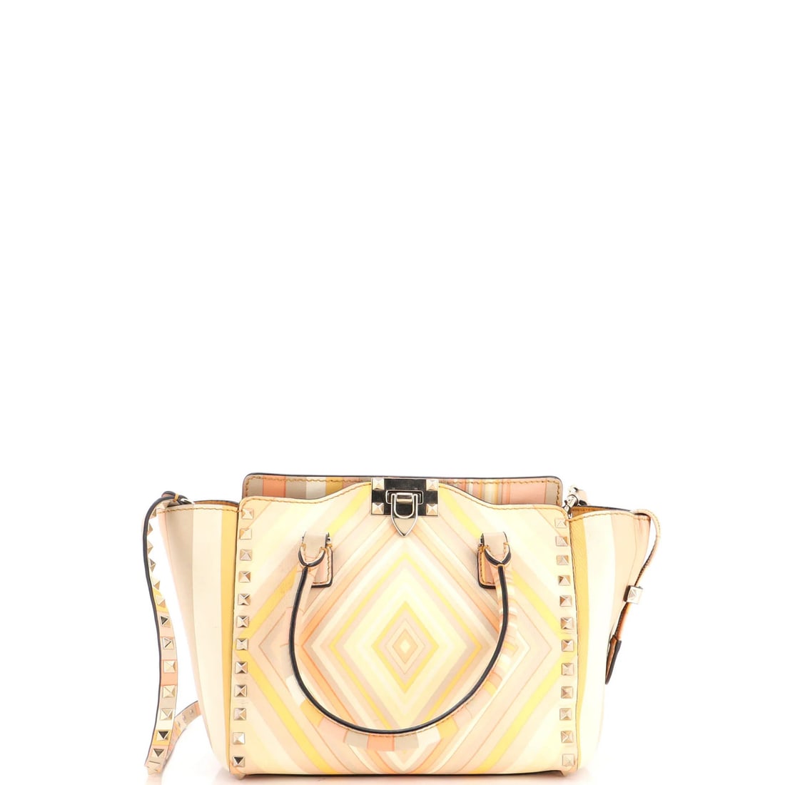 Valentino Garavani 1975 Rockstud Tote Striped Leather Small: Valentino Garavani 1975 Rockstud Tote Striped Leather Small Small, striped leather tote from the 1975 Rockstud collection by Valentino Garavani, featuring a satin orange interior and gold tone
