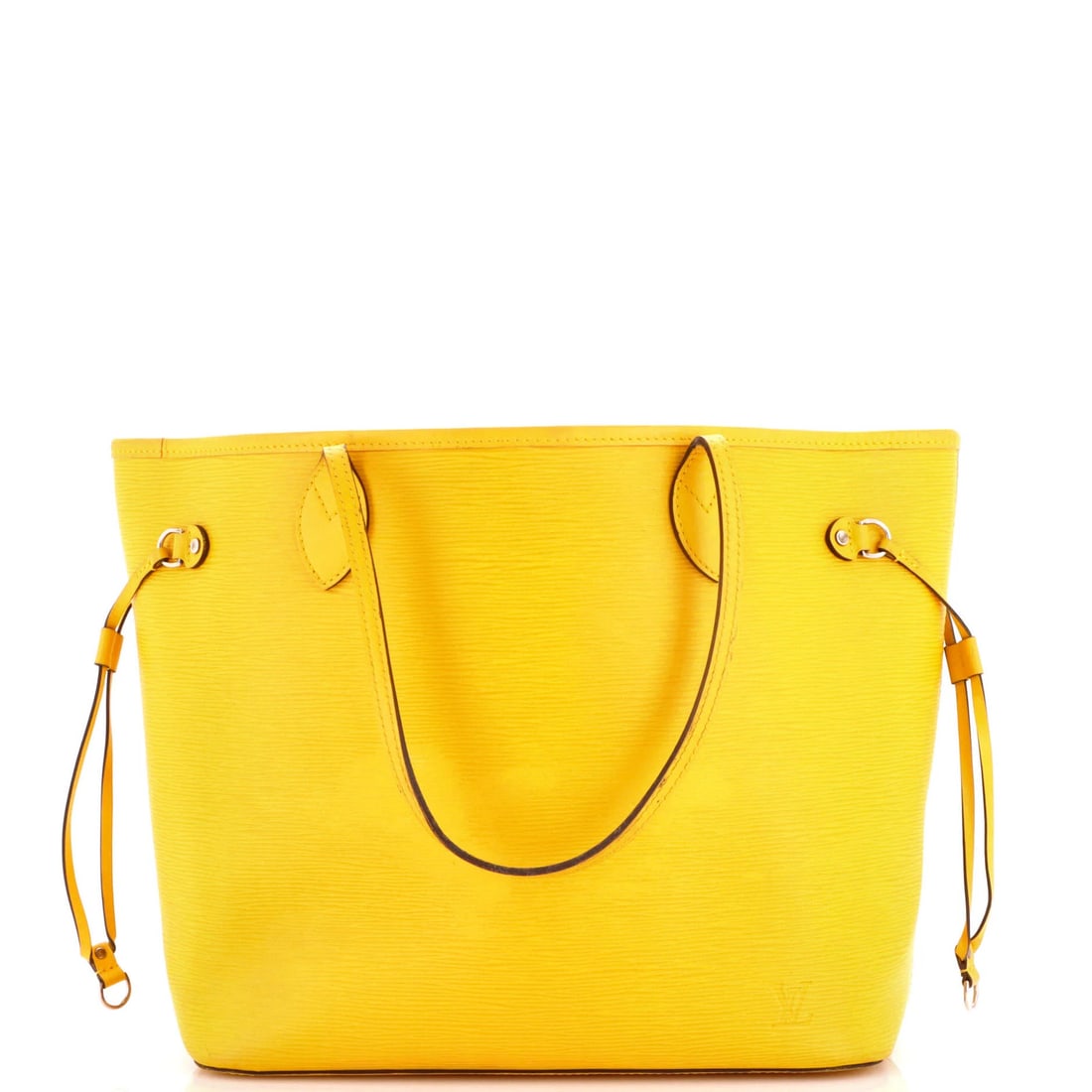 Louis Vuitton Neverfull Tote Epi Leather MM: Louis Vuitton Neverfull Tote Epi Leather MM Yellow Louis Vuitton Neverfull Tote Epi Leather MM in Outlet Condition. This iconic tote features a vibrant yellow exterior with Epi leather, measuring 11" 