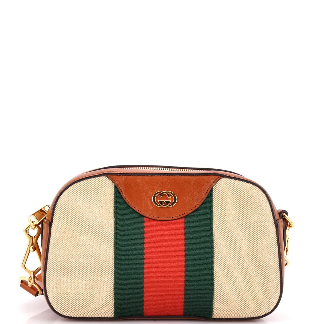 Camera bag canvas web vintage Gucci: Camera bag canvas web vintage Gucci Canvas web vintage Gucci camera bag in excellent condition features a brown exterior with minor creases and a gold hardware. The bag measures 6" tall, 9.5" wide, an