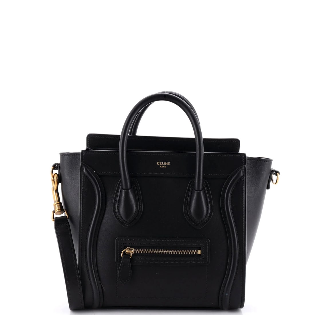 Luggage Bag Smooth Leather Nano Celine: Luggage Bag Smooth Leather Nano Celine Black Celine Nano Cross Body Bag with Smooth Leather Exterior, featuring a sleek design and gold hardware. This great condition bag has minor scuffs and creases,