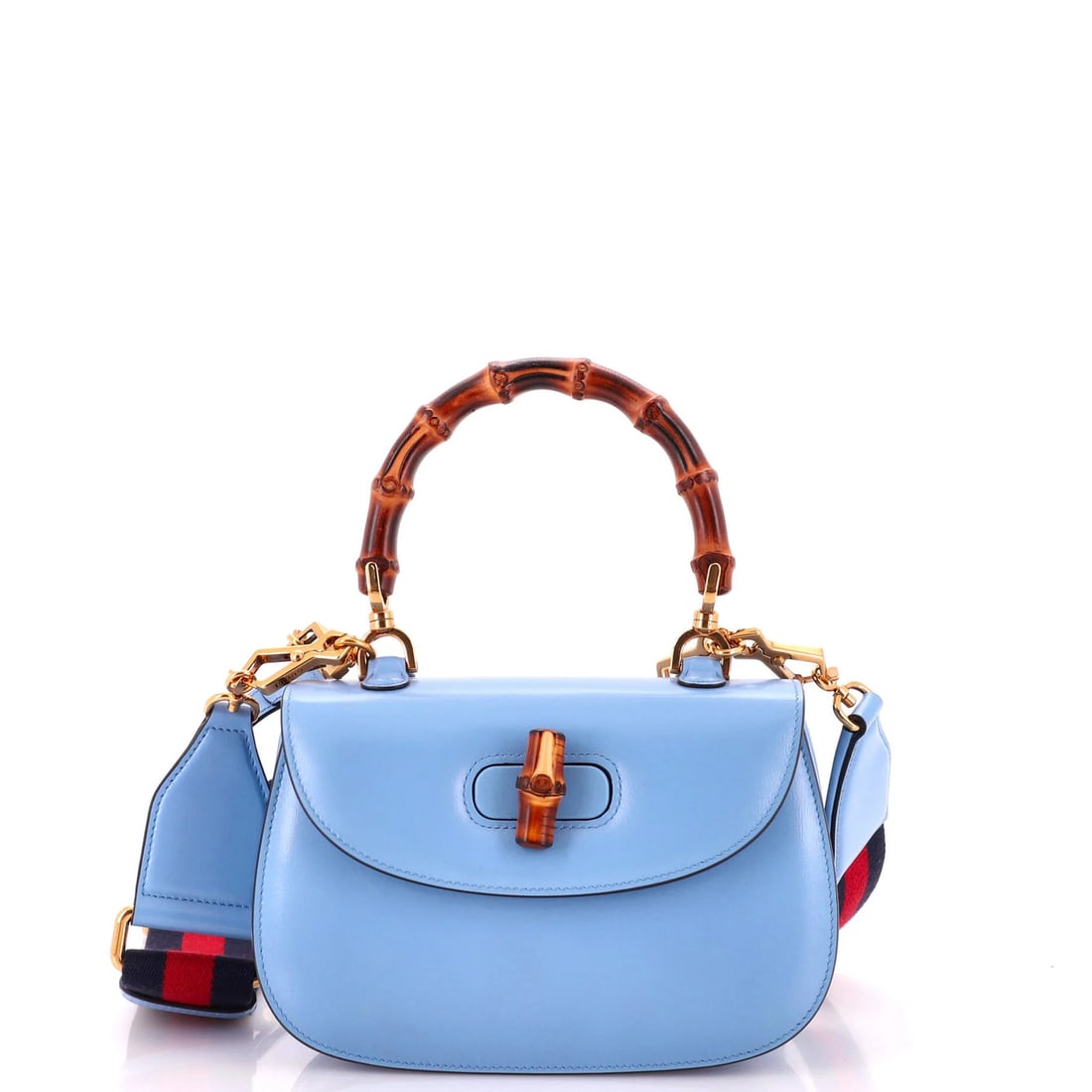 Bamboo Bag Handle 1947 Gucci Leather Small Top: Bamboo Bag Handle 1947 Gucci Leather Small Top Small 1947 Gucci Leather Top Handle Bag with a classic bamboo bag handle, featuring a pristine blue exterior with minor creases and scuffs, and a neutral