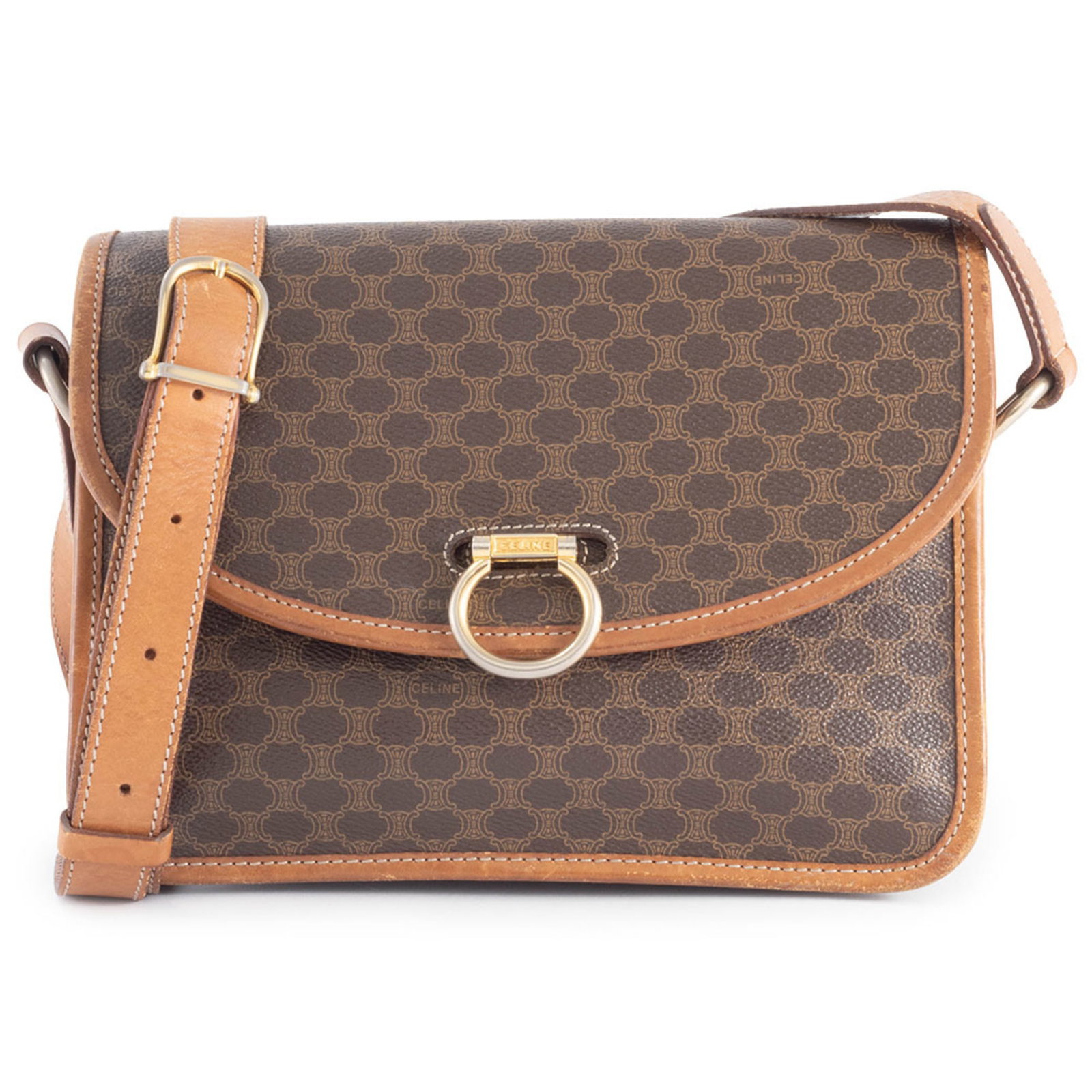 Pvc Leather Celine Shoulder Bag: Pvc Leather Celine Shoulder Bag The Celine Macadam shoulder bag is a stylish and modern design made from PVC and leather, featuring a sleek brown color and adjustable strap. Measuring 18cm x 24cm x