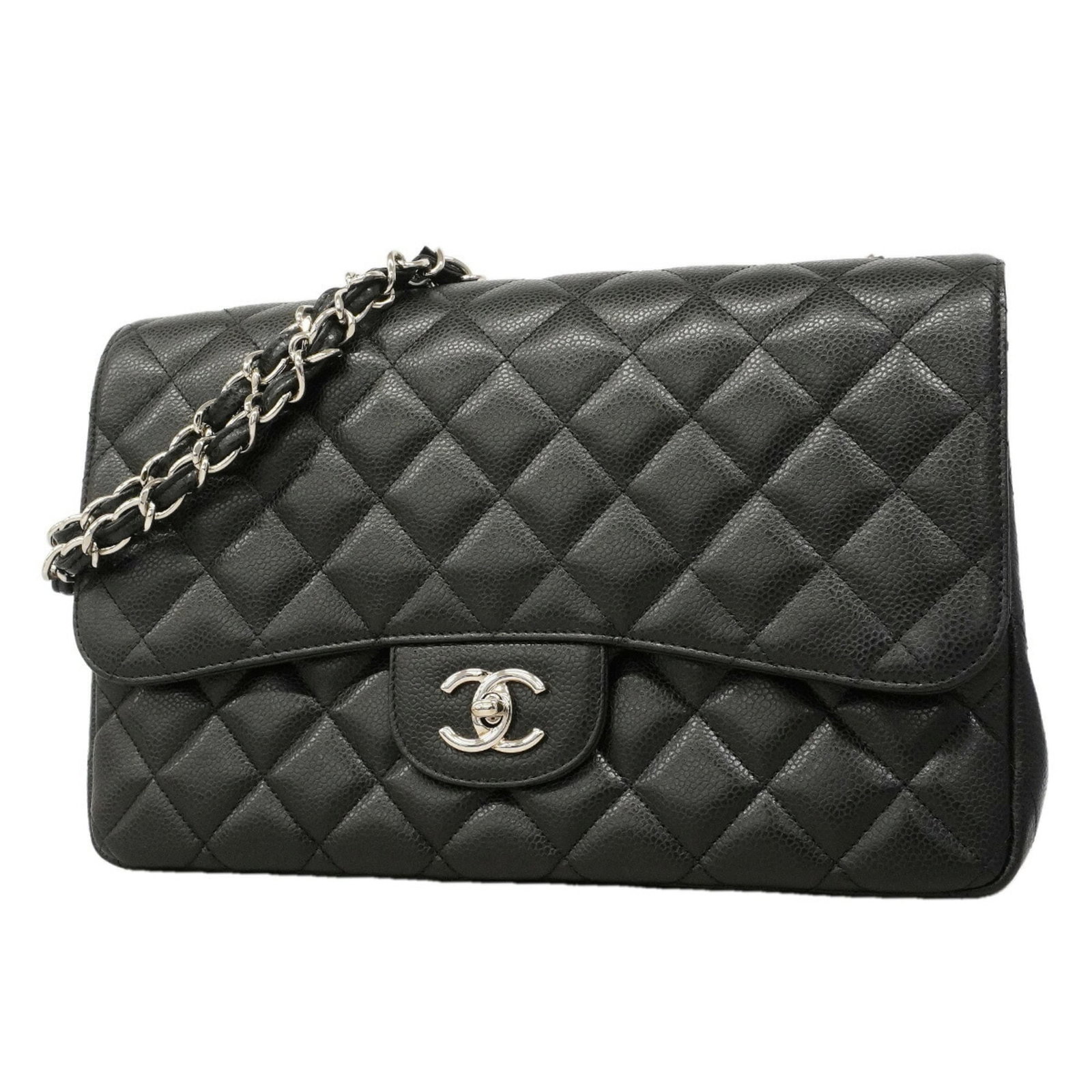 Calfskin Grained Chanel Bag Shoulder: Calfskin Grained Chanel Bag Shoulder Grained calfskin gives this black Chanel shoulder bag a luxurious feel, while silver hardware adds a touch of sophistication. Measuring 20cm x 30cm x 8.5cm, it's