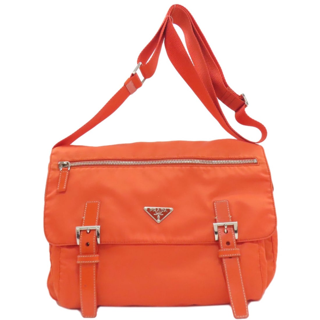 Logo Nylon Bag Shoulder Prada: Logo Nylon Bag Shoulder Prada Orange PRADA Nylon Shoulder Bag with Belt Closure, 9.4" Height and 4.7" Depth. Made from durable Nylon, this vibrant orange shoulder bag features a classic belt closure