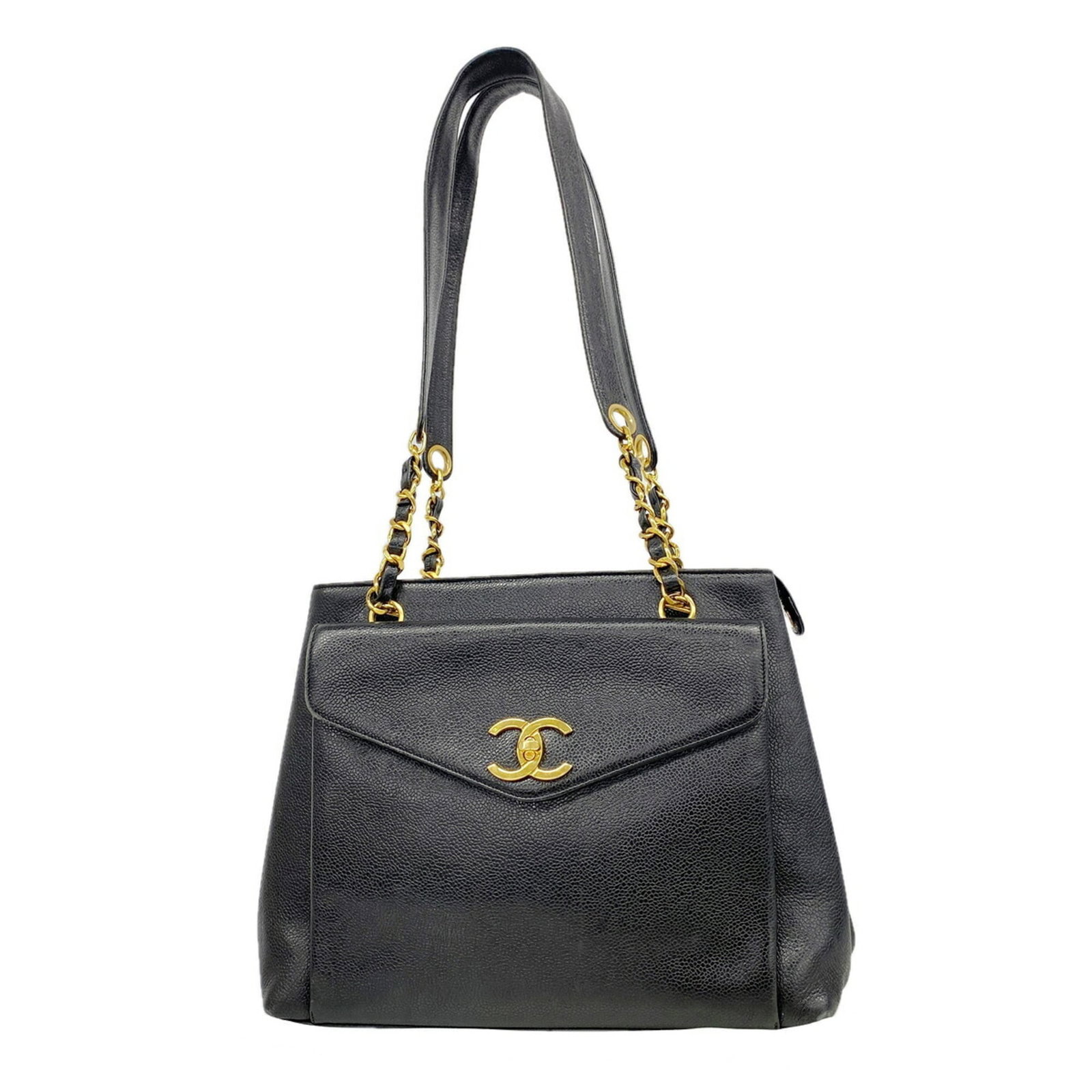 Calfskin Grained Chanel Bag Shoulder: Calfskin Grained Chanel Bag Shoulder Calfskin Grained Chanel Bag Shoulder is a black shoulder bag made from high-quality grained calfskin, featuring gold hardware. Measuring 25cm x 30cm x 9cm, this ba
