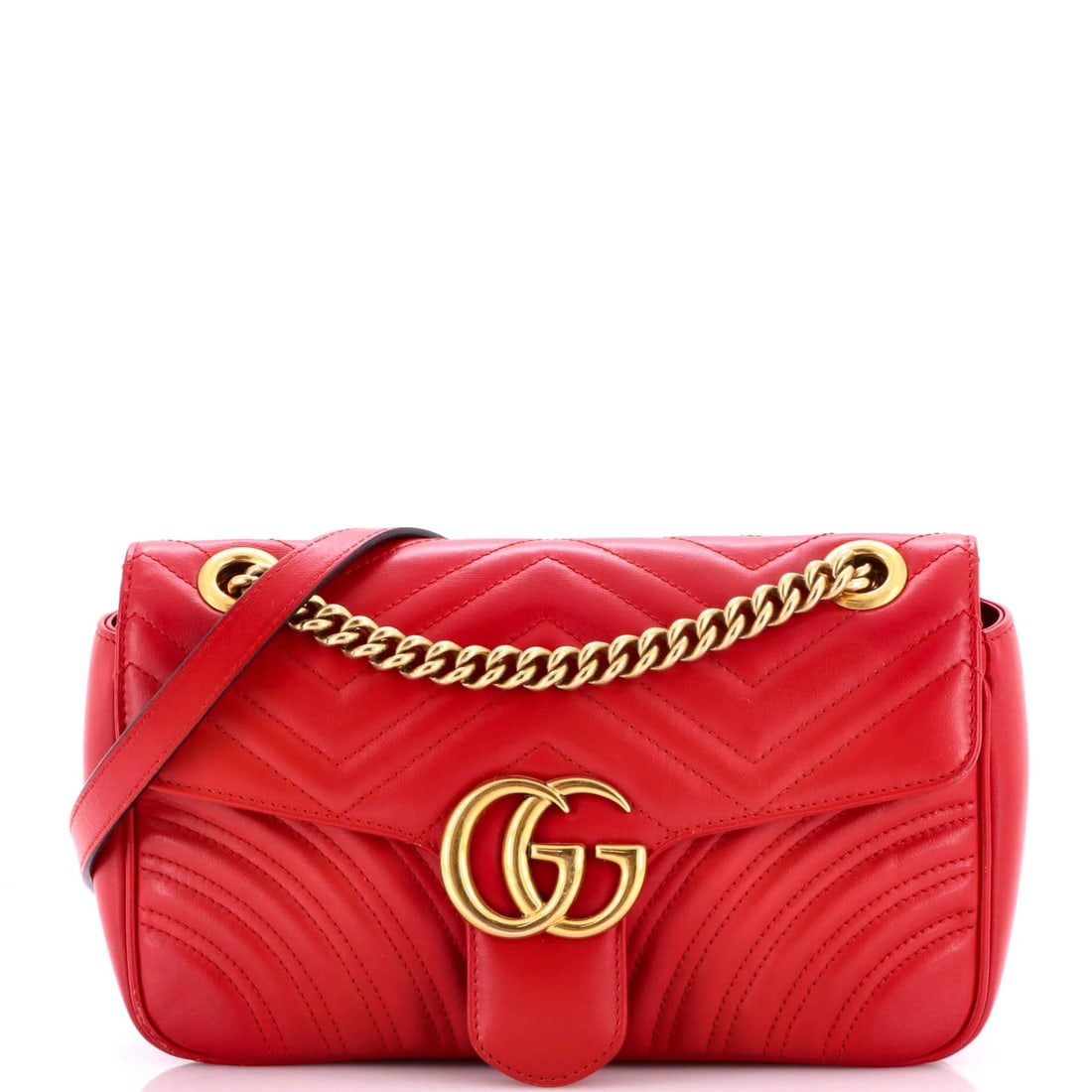 Small Gucci Flap Leather Matelasse Bag Marmont GG: Small Gucci Flap Leather Matelasse Bag Marmont GG Small Gucci Flap Leather Matelasse Bag Marmont GG features a striking red exterior with a signature GG Marmont design, adorned with aged gold