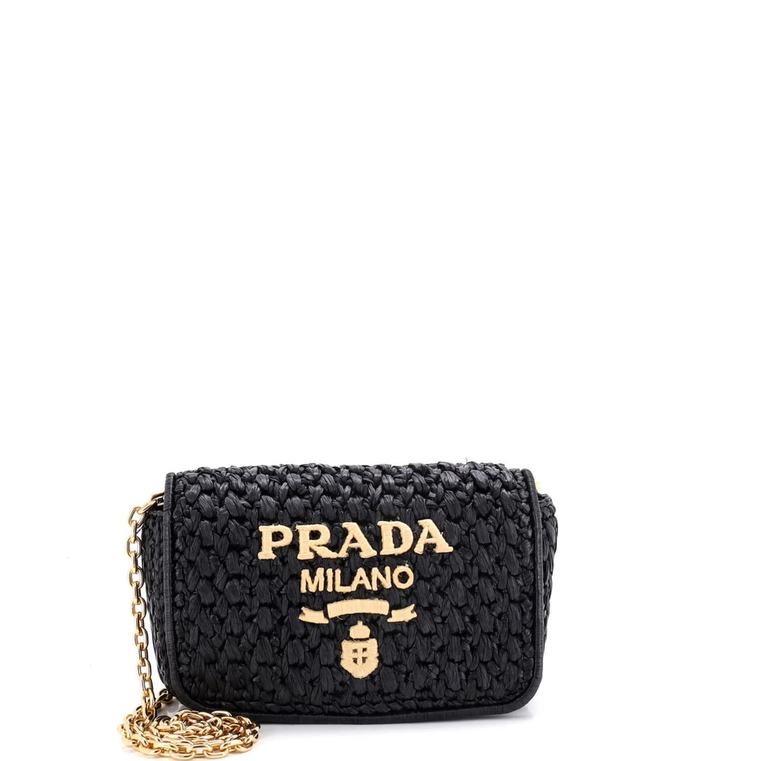 Chain Flap Raffia Logo Mini Shoulder Bag Prada: Chain Flap Raffia Logo Mini Shoulder Bag Prada Chain Flap Raffia Logo Mini Shoulder Bag Prada. This black raffia mini shoulder bag features a chain flap and logo, measuring 6.5" x 8.5" x 2.5". With mi