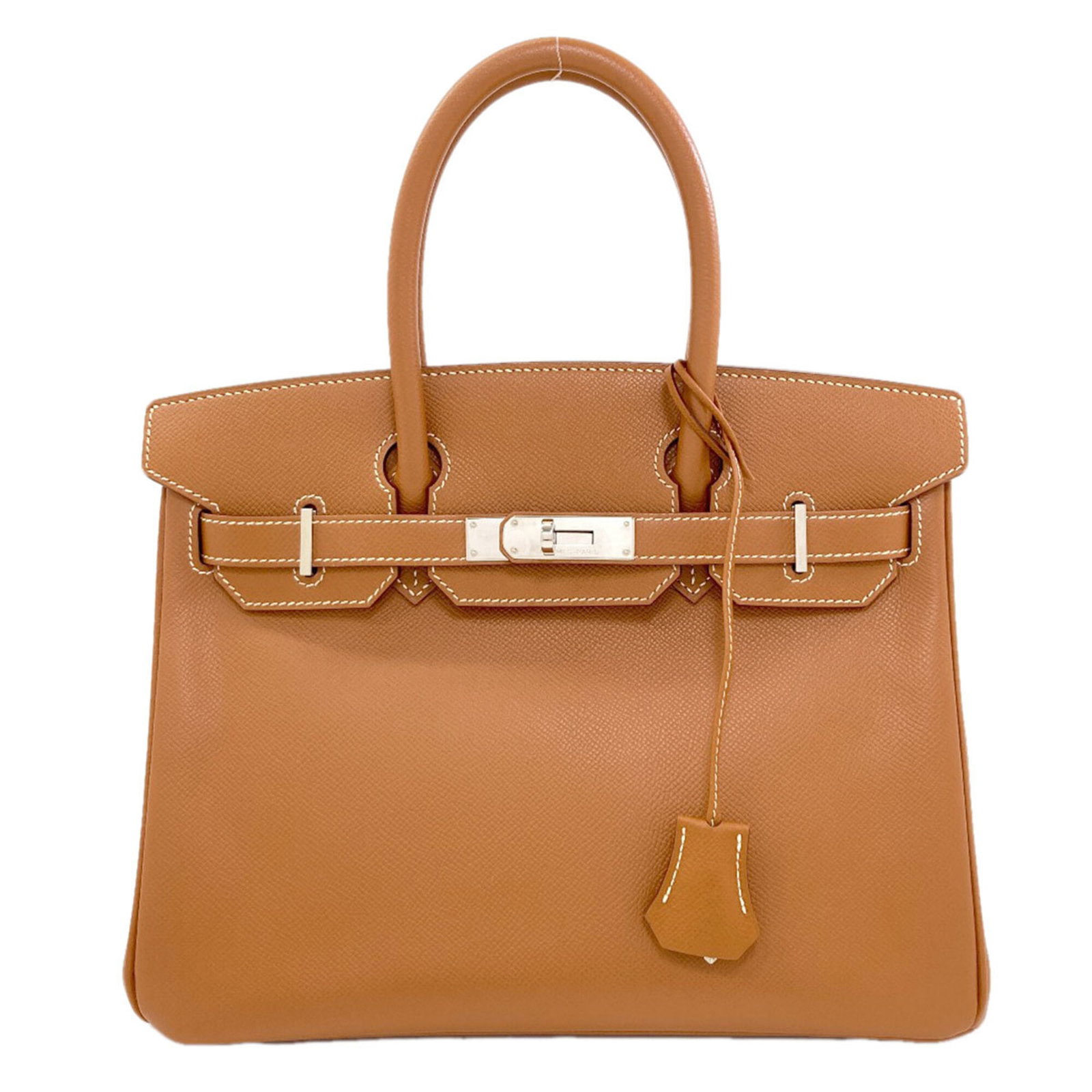 Handbag Epsom Leather by Hermes: Handbag Epsom Leather by Hermes Epsom leather handbag from renowned luxury brand Hermes, boasting a striking gold hue and sleek design. Measuring 23cm x 30cm x 15cm, this stylish accessory is perfectl