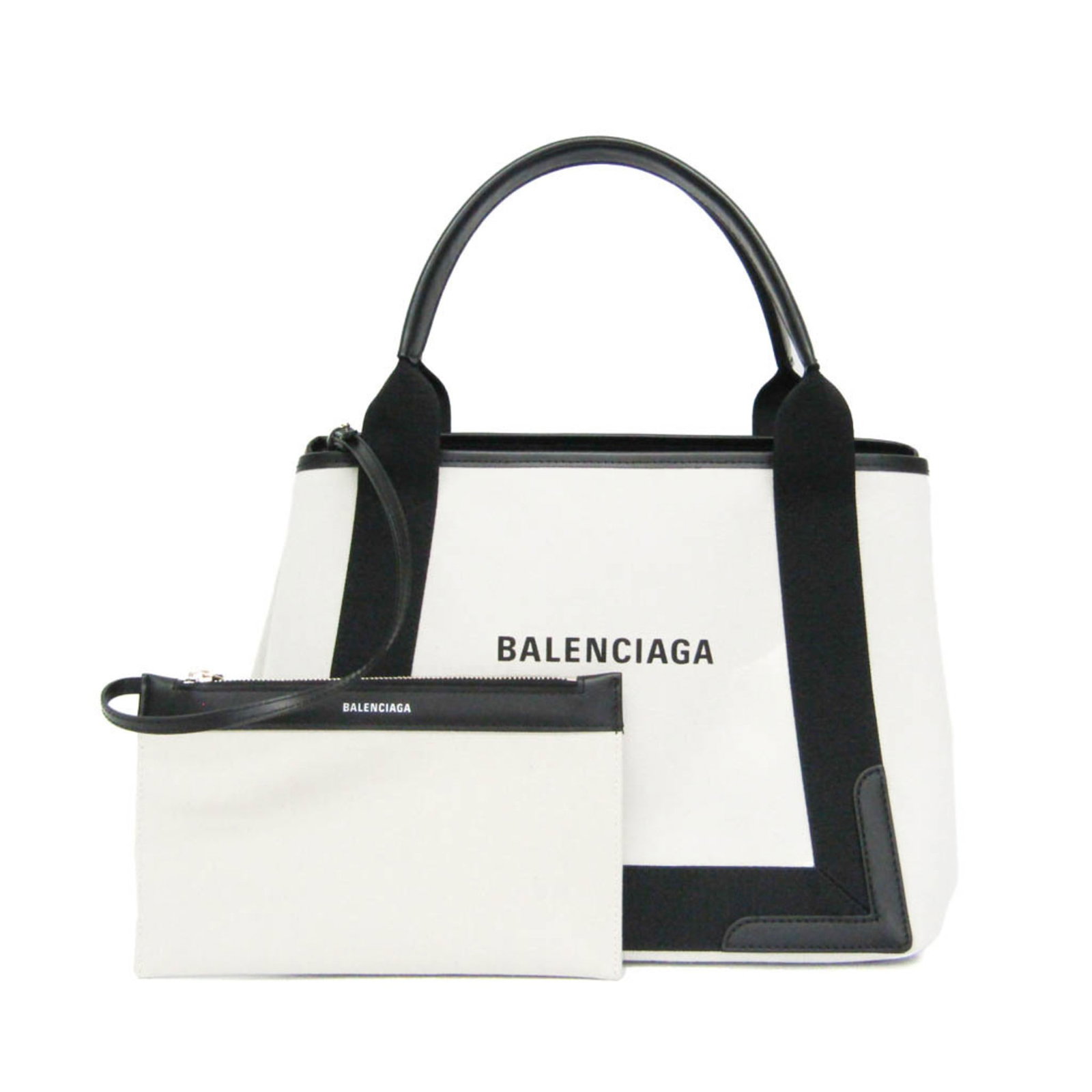 Canvas leather handbag by Balenciaga: Canvas leather handbag by Balenciaga Canvas leather handbag by Balenciaga, featuring a navy cabas design with off-white accents, boasts a sleek and modern look. With a spacious pouch size and sturdy