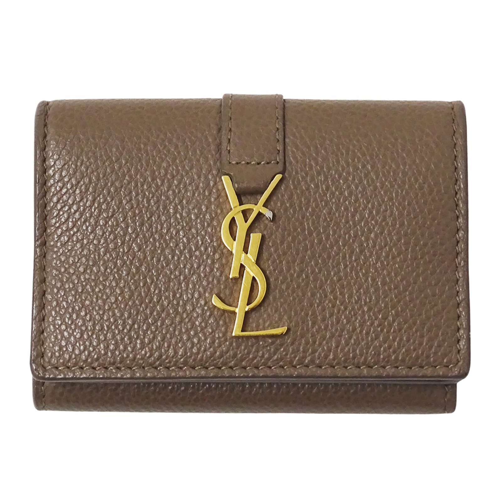 Saint Laurent Wallet (Tri-Fold) Leather: Saint Laurent Wallet (Tri-Fold) Leather Tri-fold leather wallet from Saint Laurent, crafted in Italy with a classic beige brown finish. The wallet's sleek design and sturdy construction make it a