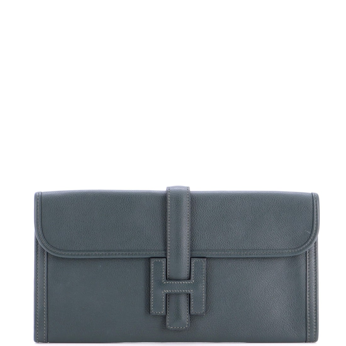 Hermes Jige Elan Clutch Evercolor: Hermes Jige Elan Clutch Evercolor The Hermes Jige Elan Clutch Evercolor boasts a striking green exterior, measuring 6" in height, 11" in width, and 1" in depth. This versatile clutch features a rich,