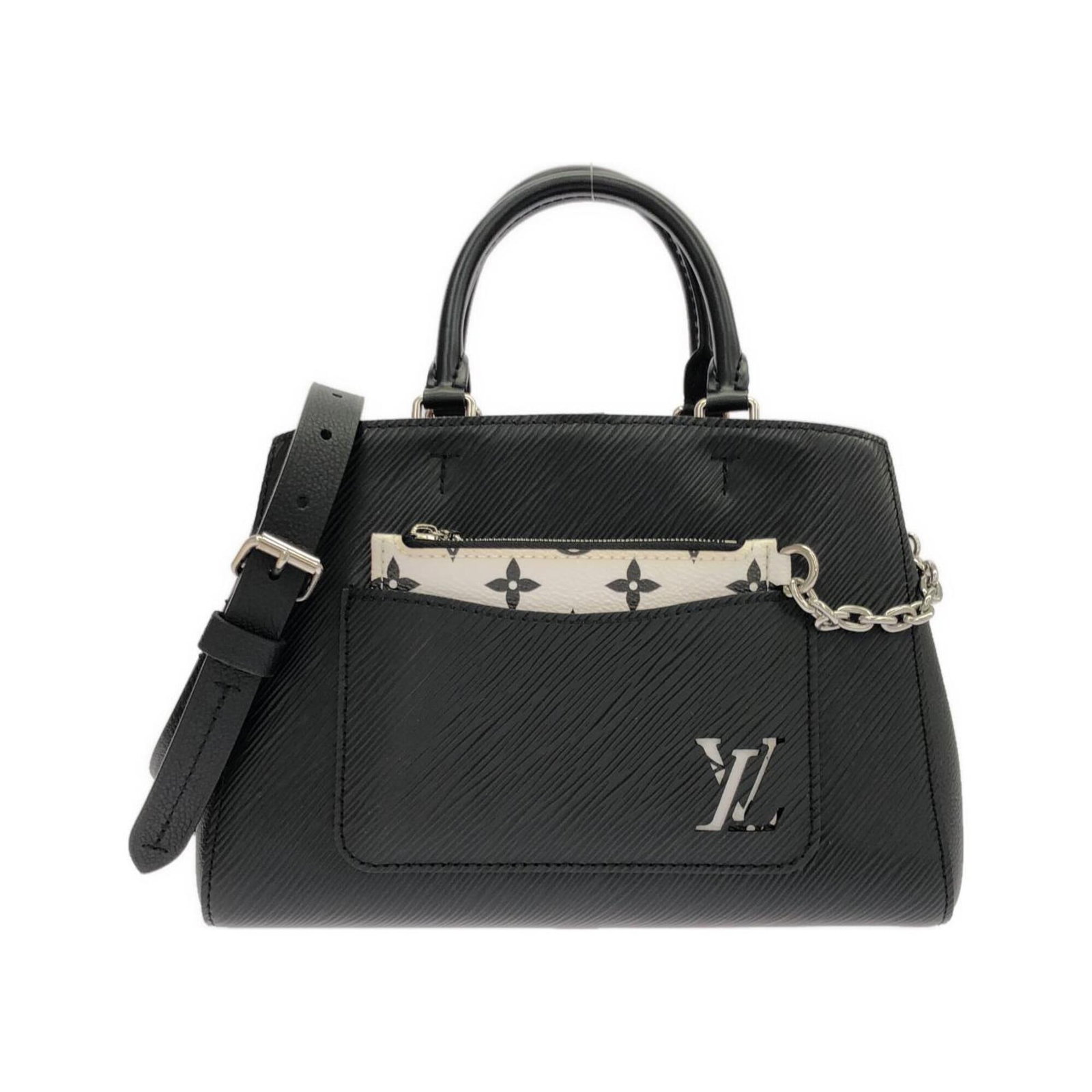 Handbag Pouch Leather Louis Vuitton: Handbag Pouch Leather Louis Vuitton Leather Louis Vuitton handbag pouch in black calf leather with silver hardware, measuring 18cm x 25cm x 10cm. This stylish accessory features a classic design and