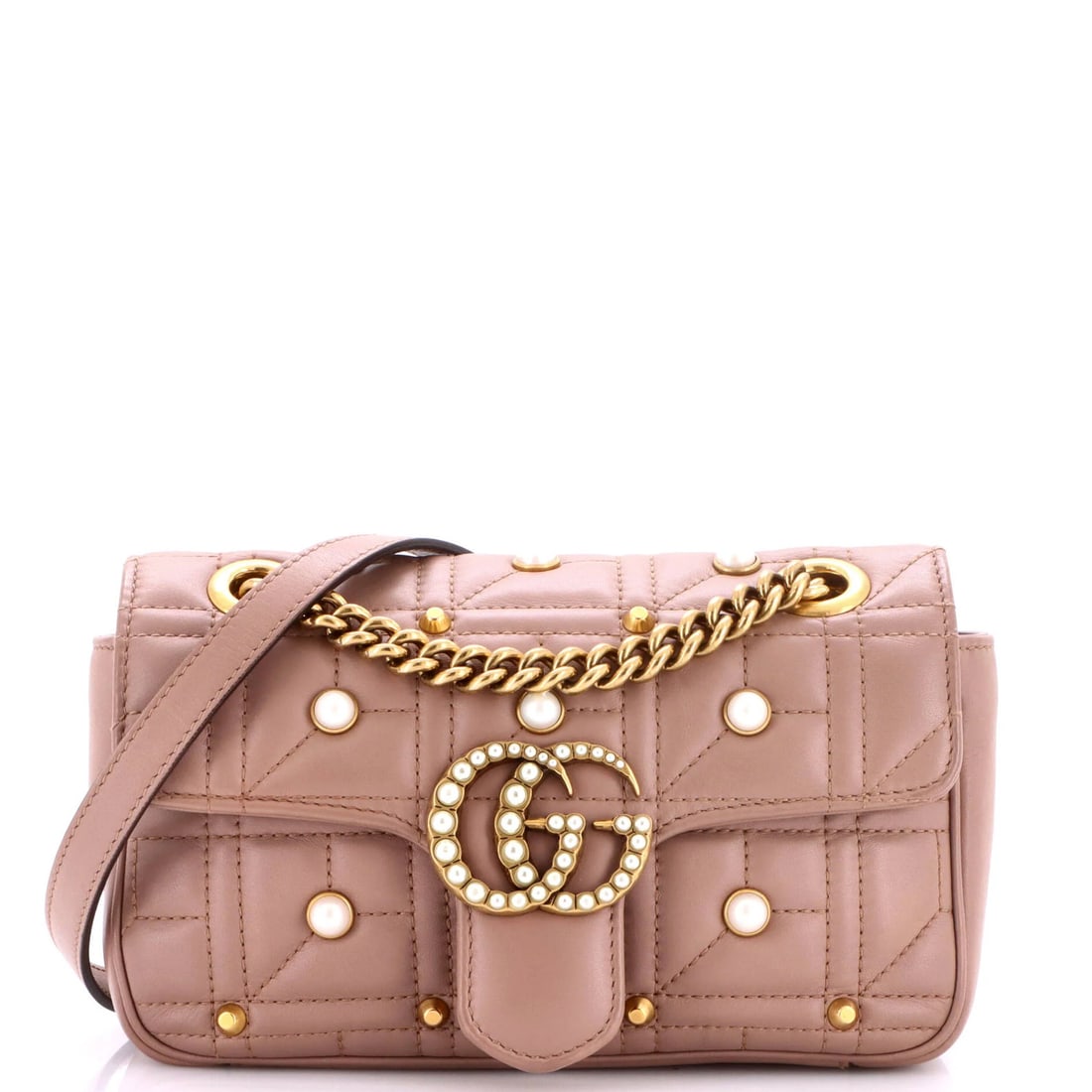 Pearly GG Embellished Matelasse Leather Mini Gucci Flap Bag Marmont: Pearly GG Embellished Matelasse Leather Mini Gucci Flap Bag Marmont Pearly GG Embellished Matelasse Leather Mini Gucci Flap Bag Marmont features a striking pink exterior with a delicate, pearly GG emb