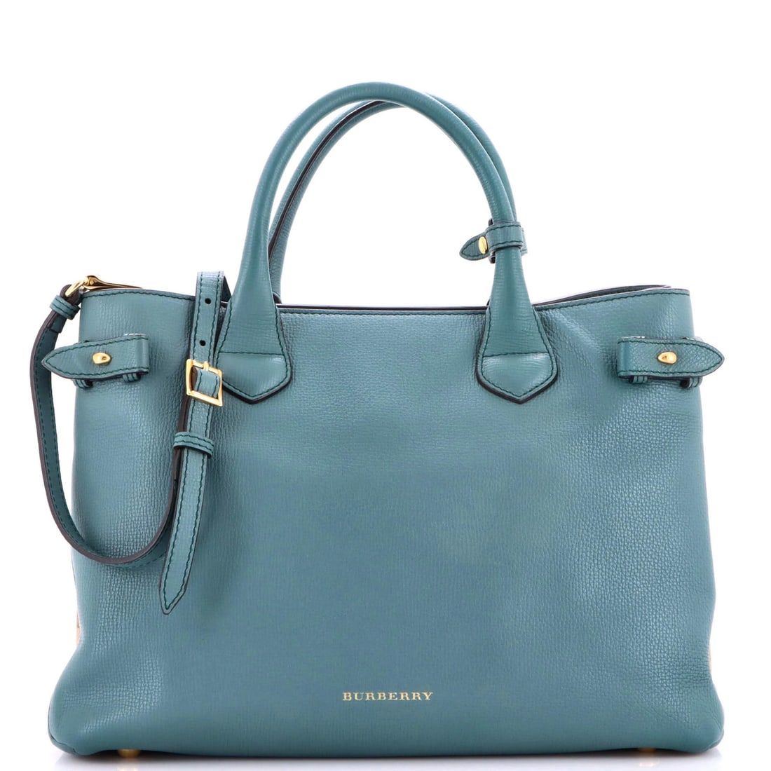 Leather House Canvas Medium Burberry Tote Banner: Leather House Canvas Medium Burberry Tote Banner This medium-sized Burberry House Canvas tote features a striking green leather exterior with a classic plain style. The poignet strap adds a touch of e