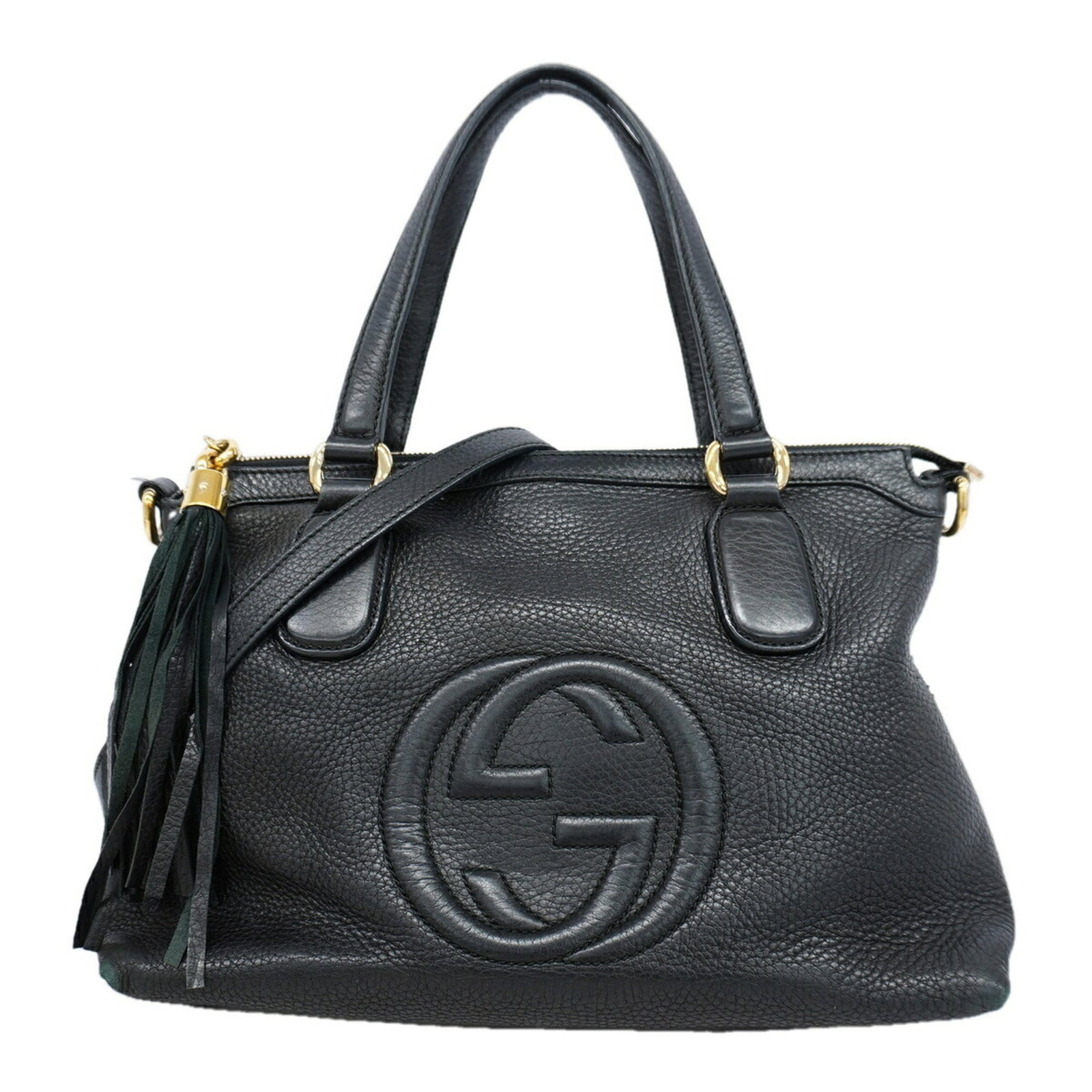 Gucci Tote Bag Leather: Gucci Tote Bag Leather Black leather tote bag from Gucci, featuring gold hardware and a classic design. Made from high-quality leather, this bag measures 24cm x 32cm x 14.5cm. The bag's sleek black co