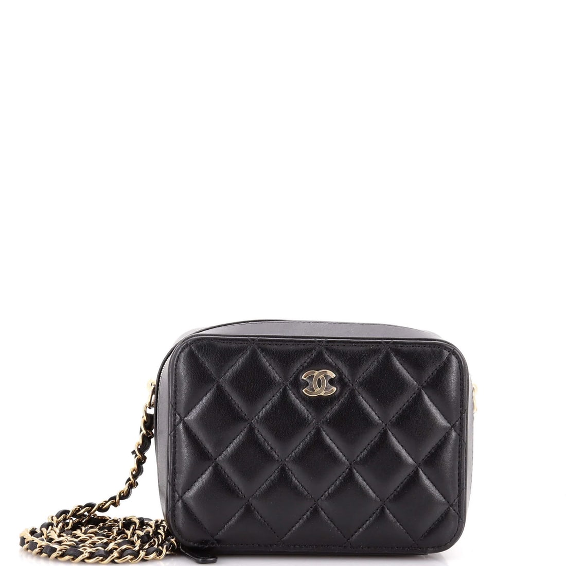 Chanel Lambskin Quilted Chain Vanity Case Zip Mini: Chanel Lambskin Quilted Chain Vanity Case Zip Mini The Chanel Lambskin Quilted Chain Vanity Case Zip Mini boasts a sleek, quilted design and chain strap, making it a stylish accessory for everyday use