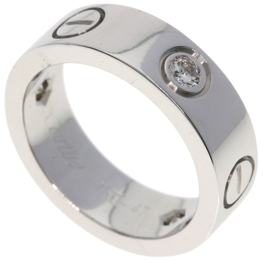 Diamond K18 White Gold Half Love Ring Cartier #47: Diamond K18 White Gold Half Love Ring Cartier #47 K18 White Gold Half Love Ring from Cartier bears a signature. This silver metal ring features a diamond main stone and is made of 14k gold, measuring 