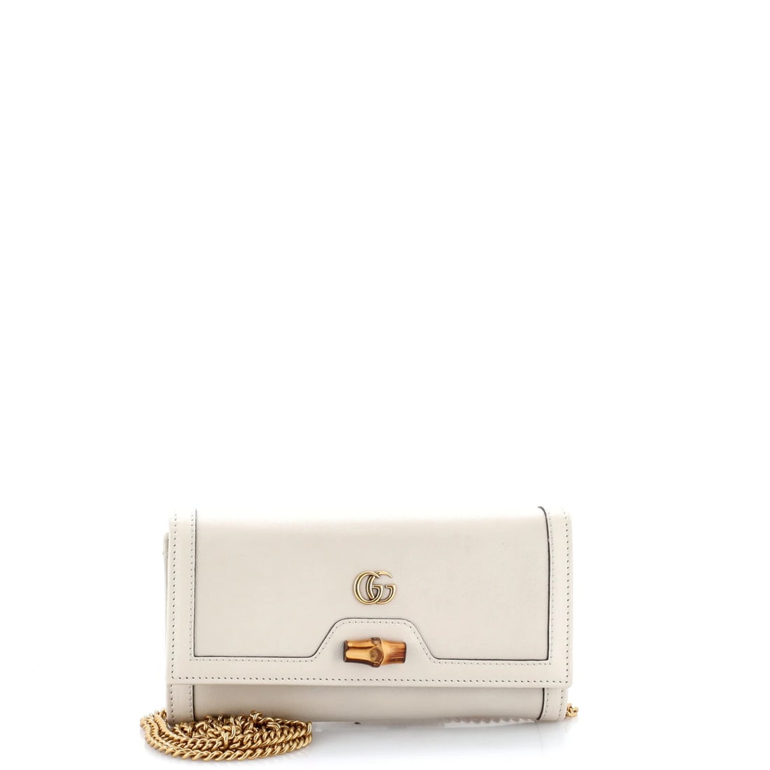 Chain Leather Wallet Diana Gucci: Chain Leather Wallet Diana Gucci Chain Leather Wallet Diana Gucci features a unique bamboo leather exterior, paired with a gold chain strap, and a neutral color design. The wallet's interior is made
