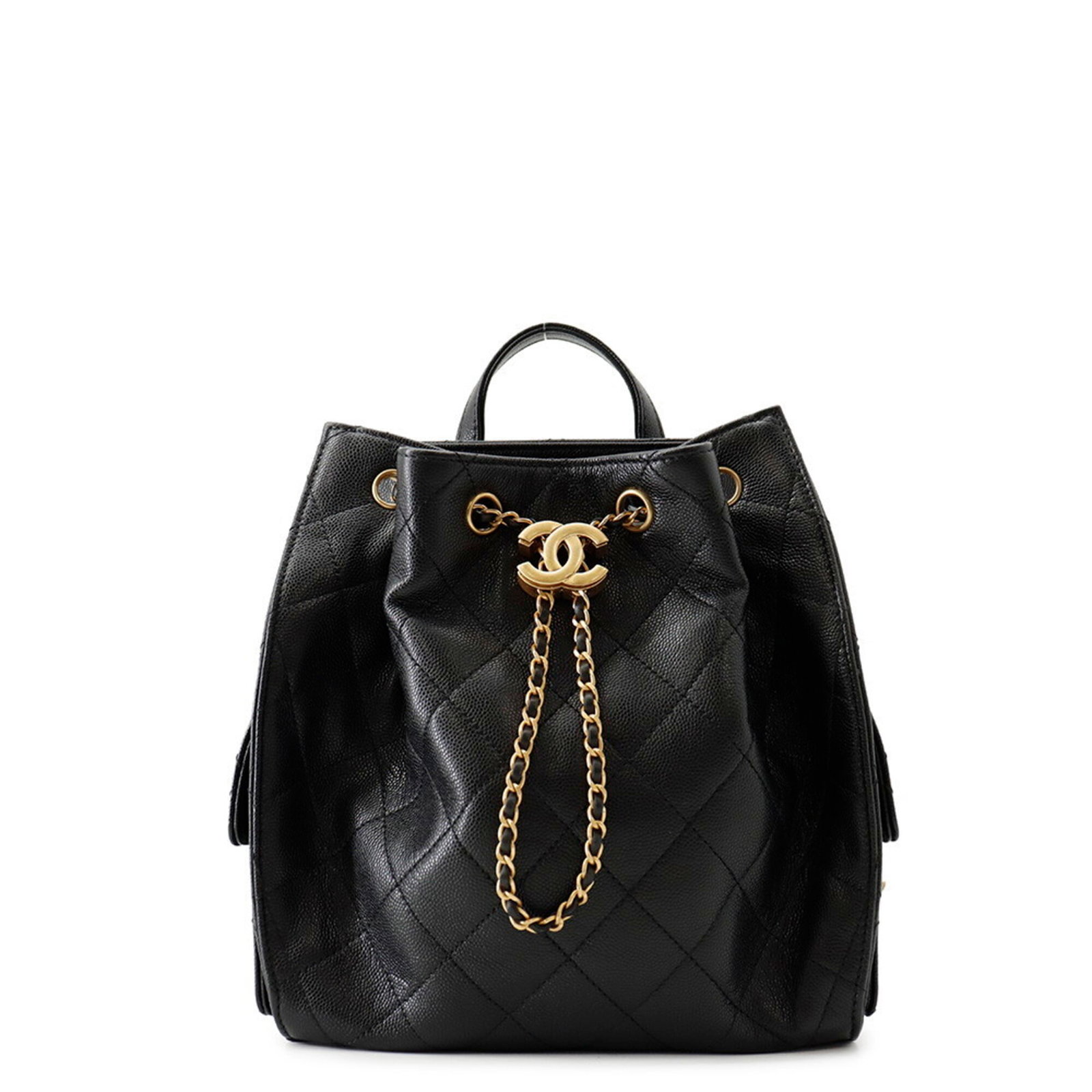 Calfskin Grained Chanel Backpack: Calfskin Grained Chanel Backpack Calfskin Grained Chanel Backpack is a high-quality, black backpack made from genuine grained calfskin, with gold hardware accents. Measuring 22.5cm x 20cm x 12cm, it