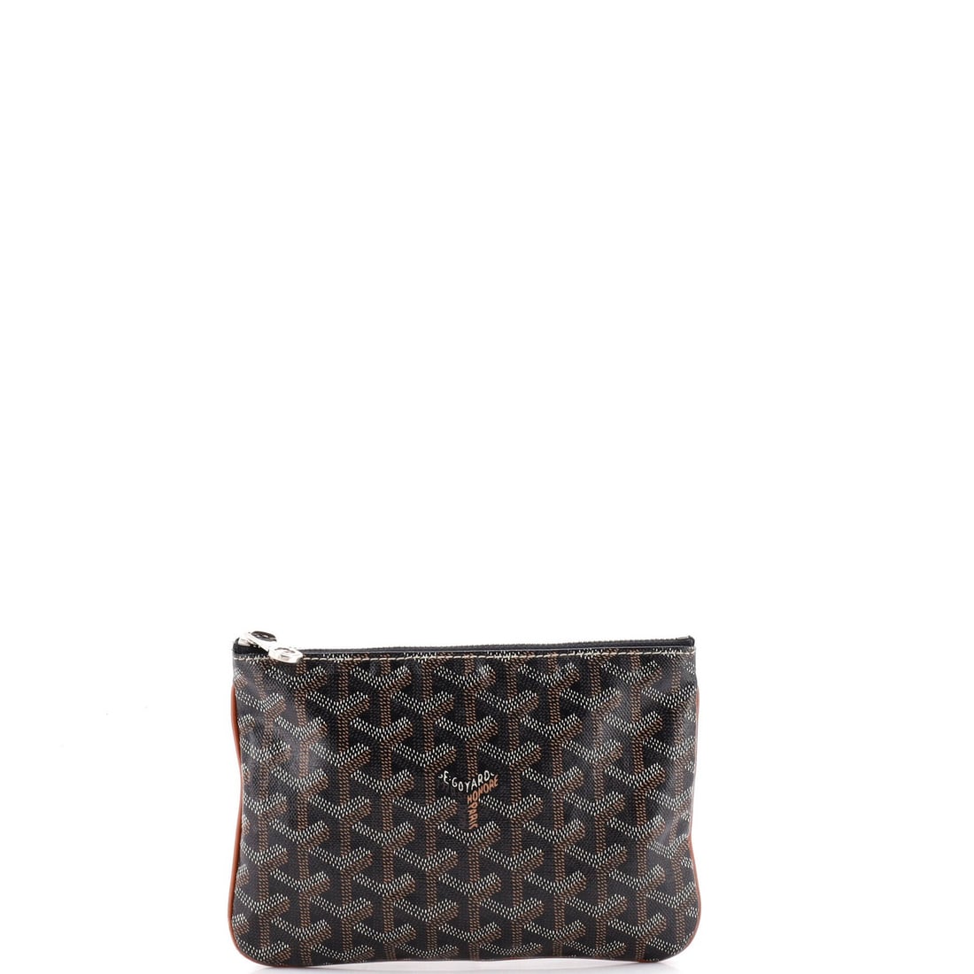 Pouch Senat Goyard Coated Zip Canvas: Pouch Senat Goyard Coated Zip Canvas Black Pouch Senat Goyard Coated Zip Canvas, featuring a coated canvas exterior with a zip closure, measures 5" height, 8" width, and 1" depth. The interior is