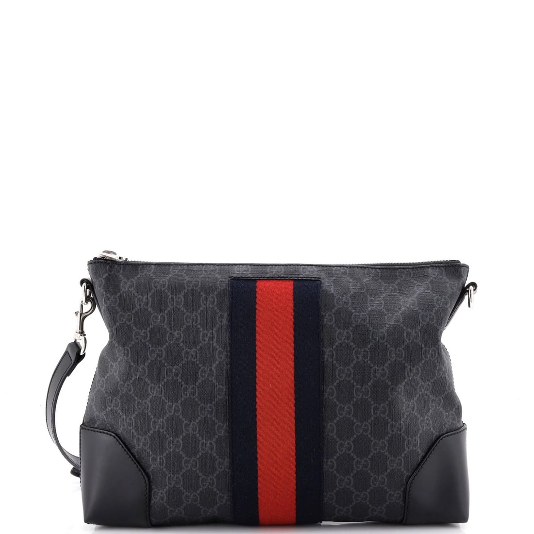 Web Zip Flat Messenger GG Coated Canvas Medium: Web Zip Flat Messenger GG Coated Canvas Medium Canvas Coated Messenger Bag with Web Zip Closure, featuring a medium size and black exterior, perfect for everyday use. The bag boasts a classic GG