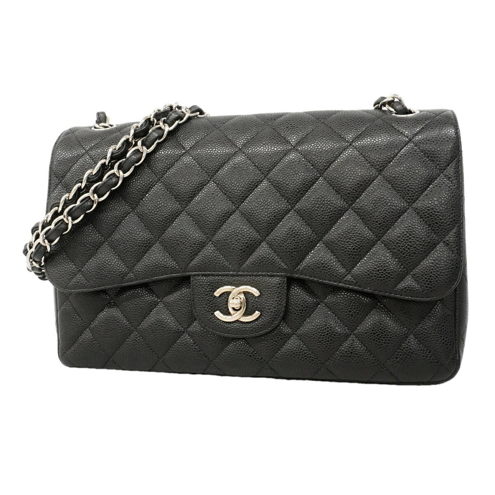 Calfskin Grained Chanel Bag Shoulder: Calfskin Grained Chanel Bag Shoulder Black Grained Calfskin Shoulder Bag from Chanel, featuring a sleek and sophisticated design with a silver-tone buckle. This stylish shoulder bag measures 21.5cm x