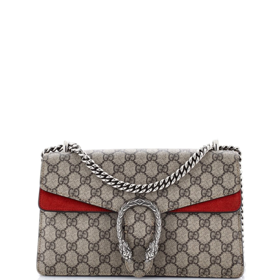 GG Coated Canvas Bag Medium Gucci Dionysus: GG Coated Canvas Bag Medium Gucci Dionysus Medium Gucci Dionysus Bag in Brown GG Coated Canvas, featuring a classic shoulder design with a signature red interior and aged silver hardware. The bag show