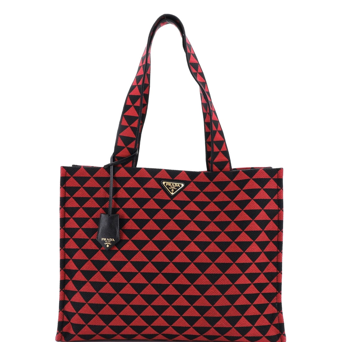 Shopper Tote Symbole Horizontal Jacquard Prada: Shopper Tote Symbole Horizontal Jacquard Prada Canvas plain Prada Symbole Shopper Tote with horizontal jacquard design in black and green exterior colors, featuring a spacious interior with minor