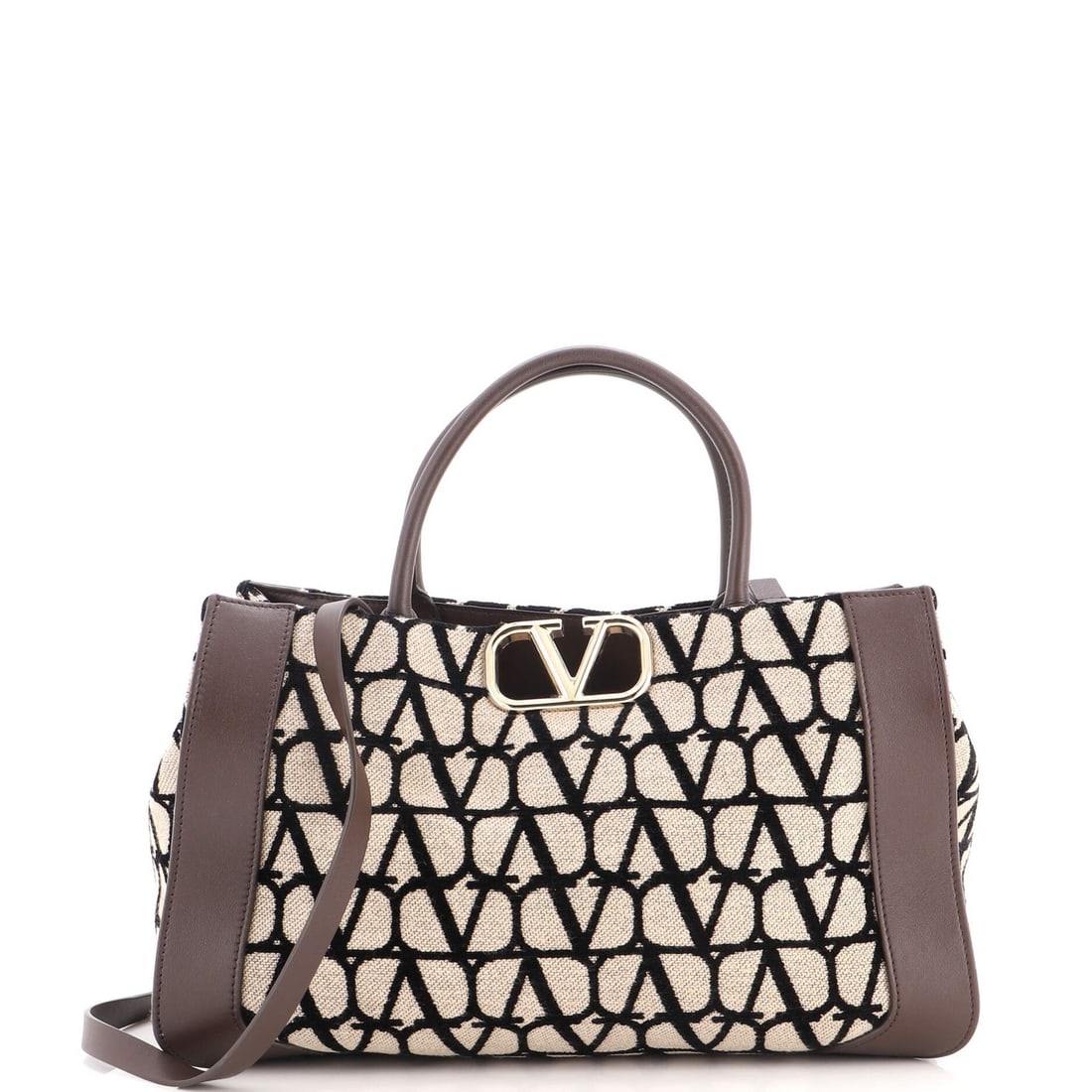 Valentino Garavani Vlogo Leather Small Iconograph Fabric Tote Shopper Toile: Valentino Garavani Vlogo Leather Small Iconograph Fabric Tote Shopper Toile Small Iconograph Fabric Tote Shopper Toile in Brown, featuring VLogo design, made from canvas plain leather exterior and